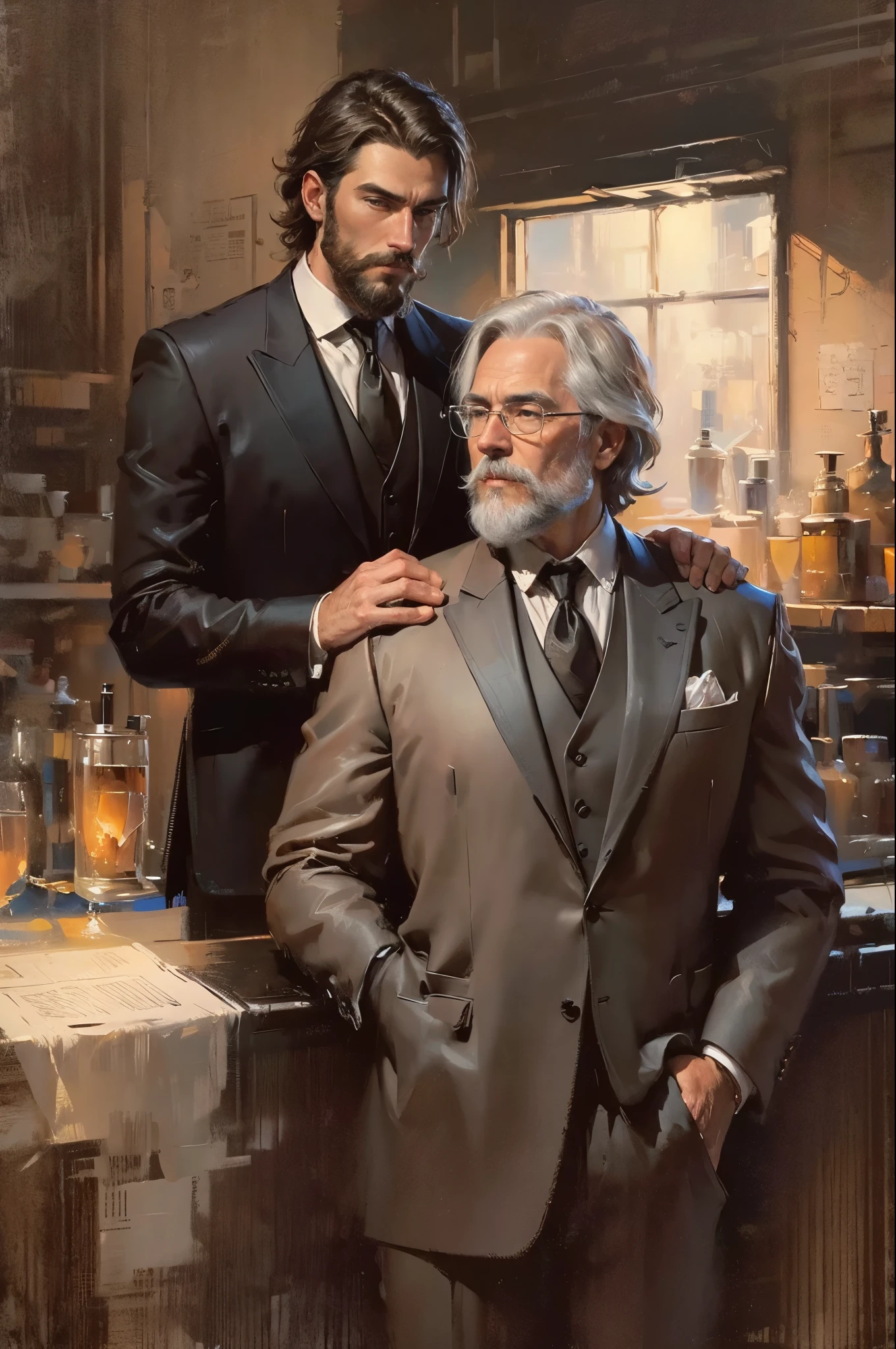 (Oil painting 1.2 Oil Painting Strokes 1.8) （Oil painting 1.2）（Brushstrokes refer to Leonardo da Vinci！Raphael！Klimt！）Two men in formal suits are standing side by side, Muscular men tangled together, two muscular men entangled, Bussier and Roberto Ferri, donato giancola and tom bagshaw, Inspired by Tim Hildebrandt and Greg Hildebrandt, 两个Handsome men, male art, Wop and Andrei Ryabovich（Oil Painting Strokes 1.8）luring！Have a beard(Oil painting 1.2 Oil Painting Strokes 1.8) ！（（affectionate（（Showing hairy chest muscles！））Wearing a formal tuxedo！tie！Strong chest muscles！（Don't look at the lens！）ambiguous relationship！（（The 20-year-old leans on the chest of the 30-year-old））Fed man posing for photo, Handsome men, whole body from top to bottom！Handsome men, Elegant姿勢！Rendering Senior Artist, old movies！ Muscular man with mustache！french art！Handsome male model Pierre Cardin！Dim lighting！Award-winning works！man hugging！Have a beard！30 years old and strong！There is a sense of story！Elegant！Hold your chin in your hand！gray hair！一个dressed in a suit、French-German image of man in bow tie sitting, wearing dark 黑itchsuit, wearing black suits, high quality suit, dressed in a suit, wearing a tuxedo and a tie, dressed in a suit, wearing a suit, custom clothing, Wearing a tuxedo suit, Bitchsuit,dapper, wearing tuxedo, Greg Rutkoski&#39;s Stylish Cinema Lighting！（carefully sculpted eyes））Oil painting style！！！