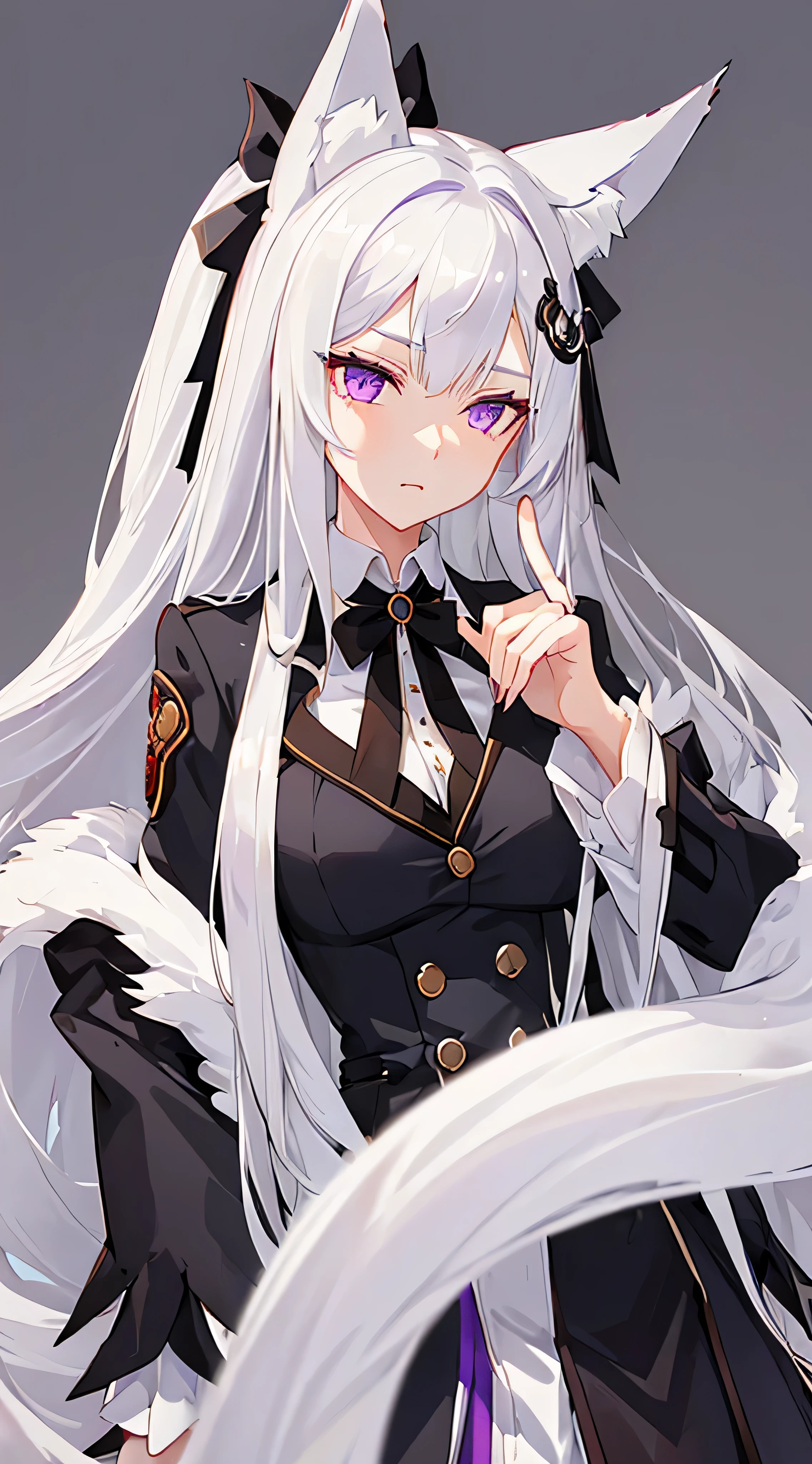 Women with long hair , fox ears, Foxtail, White Hair, by Girls Frontline, Delicate Gangster Prince,silver-haired , fine details. beautiful prince, Vanguard style of girls, masterpiece, bestquality,10, purple eyes,Formal clothing,Blazer,Black tie