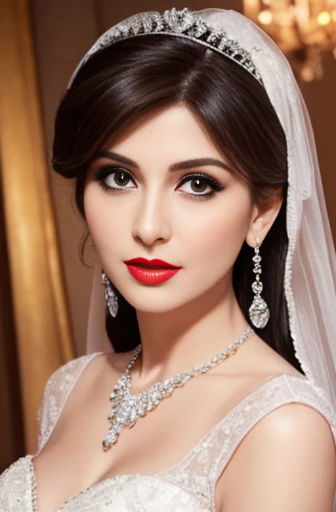 Lebanese lady, diamond dangling earrings, necklace, bracelets, small breasts, 40 years old, smokey eyes, cleavages, red lips, innocent face, wedding fashion ball gown, stylish hairstyle, posing, modeling,