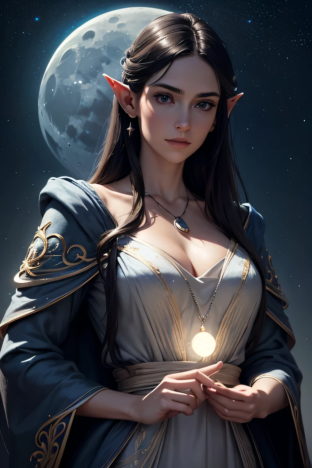 (best quality,4k,8k,highres,masterpiece:1.2),ultra-detailed,(realistic,photorealistic,photo-realistic:1.37),black haired,cool blue eyes,fair-medium skin,tall and slim,noble born,elegant and dignified,half-elf,lunar magic sorcerer lady,wearing a modest midnight blue coat,soft,flowing hair,subtle moonlight illuminating her face,graceful hand gestures,casting intricate spells,Silver lunar pendant glowing softly on her neck,delicate silver jewelry adorning her fingers and ears,mysterious aura surrounding her,subtle moon symbols embroidered on her coat,standing in a tranquil garden,illuminated by moonlight,filled with vibrant,night-blooming flowers and lush greenery,calm and peaceful atmosphere,starry sky above,with the moon shining brightly,creating a dreamlike scene.