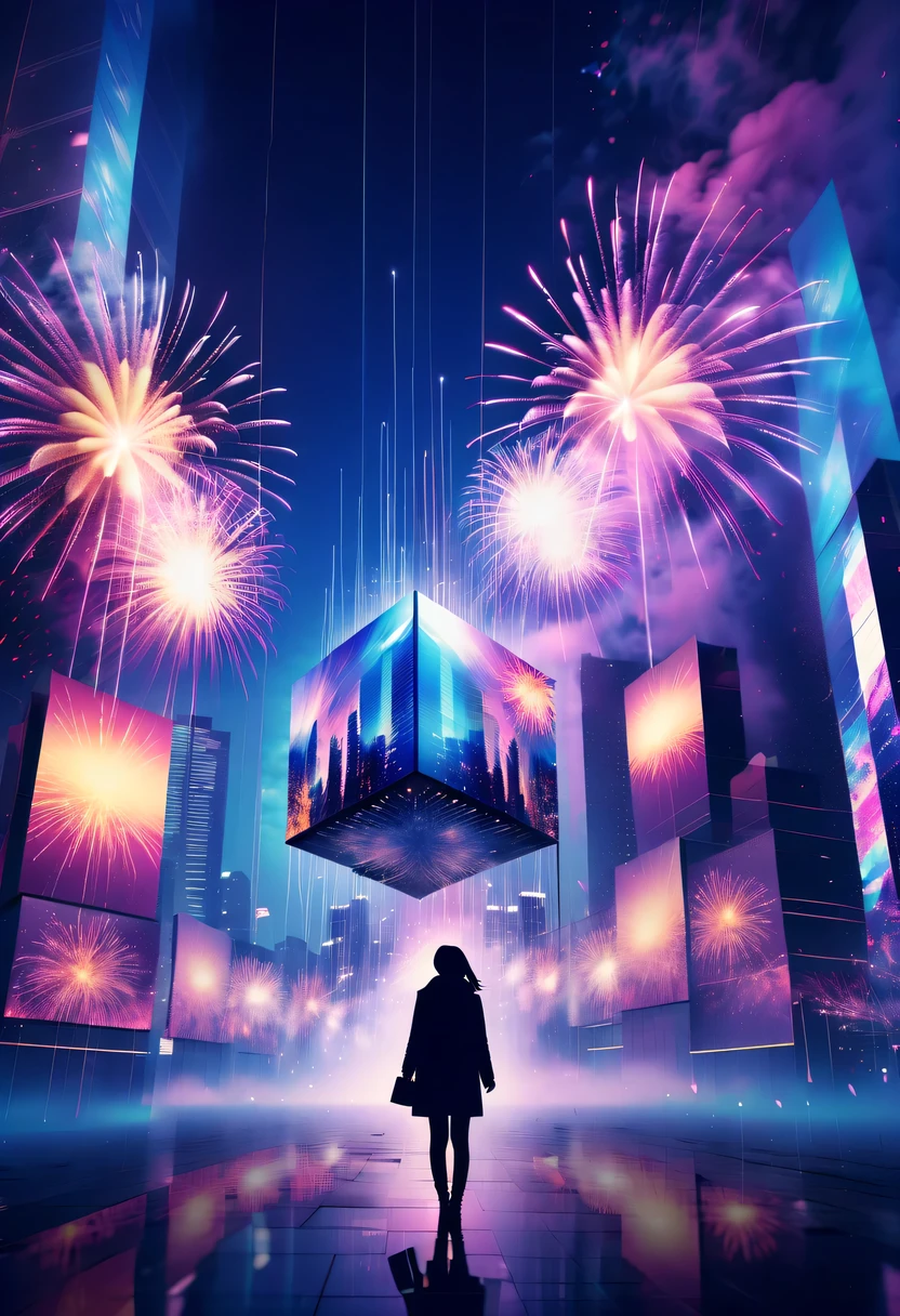 Dubrec style,Cybernetics appear in the sky.The prospect of fireworks on new year’s Eve 2024,Gorgeous fireworks,(multiple exposure1.8),(Digital signage,2024:1.5),technology city,artificial intelligence neuron,network matrix,new year'eve visual poster,Intricate poster in surreal art style,超现实梦想new year海报,超现实科幻new year梦想海报,wide wide shot,Expansive night sky,new year,A grand fireworks display,woman portrait,double exposure effect,dramatic lights,vivd Coloong exposure technology,creative composition,artsy photography,hight contrast,abstract elements,emotionally captivating,Expressive eyes,soft focus,vague background,Beautiful lip details,multiple exposure,Different Perspectives、The cities of the future,Silhouette of a high-rise building。The texture is clear、Overlay the image、A harmonious blend of themes、art story、Surreal atmosphere、Experimental Technology、imaginative exploration、Artistic expression、Artistic interpretation、Creative experimentation、personal narrative、Layered composition、Ethereal aesthetics、Shocking visual impact、visual depth、magical reality、poetic atmosphere,detailed、meticuloso,visual poetry
