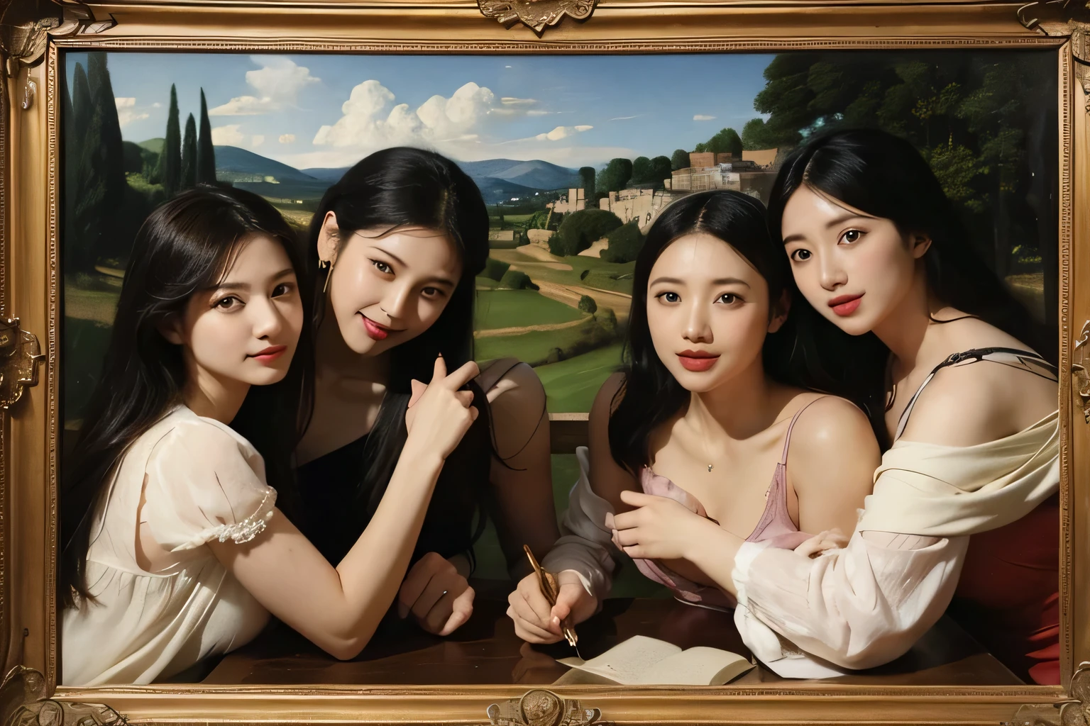 Female painters heading to easels,Ancient Roman landscape in the style of Poussin,A smile,,Sweet and seductive appearance.、Caravaggio's paintings、Chiaroscuro of Caravaggio、Hair disheveled in the wind,Two women frolicking,Cute smile, Expression of ecstasy,A sexy,erotick