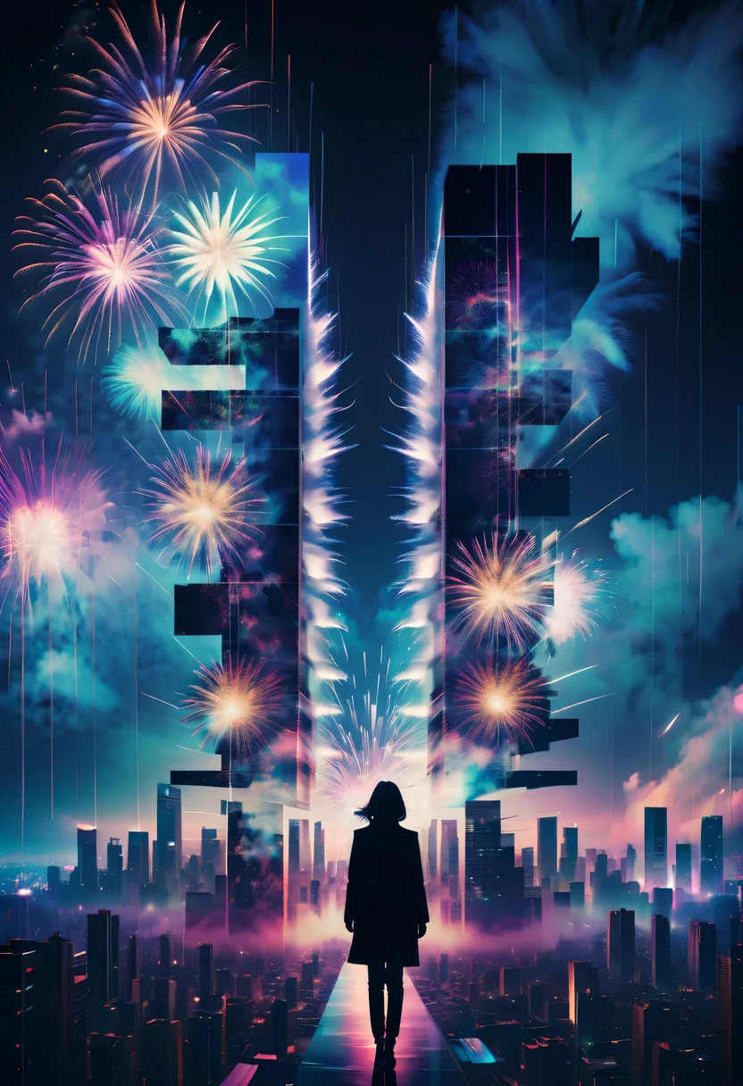 Dubrec style,Cybernetics appear in the sky.The prospect of fireworks on new year’s Eve 2024,Gorgeous fireworks,(multiple exposure1.8),(Digital signage,2024:1.5),technology city,artificial intelligence neuron,network matrix,new year'Eve Visual Poster,Intricate poster in surreal art style,超现实梦想new year海报,超现实科幻new year梦想海报,wide wide shot,Expansive night sky,new year,A grand fireworks display,woman portrait,double exposure effect,dramatic lights,vivd Coloong exposure technology,creative composition,artsy photography,hight contrast,abstract elements,emotionally captivating,Expressive eyes,soft focus,vague background,Beautiful lip details,multiple exposure,Different Perspectives、The cities of the future,Silhouette of a high-rise building。The texture is clear、Overlay the image、A harmonious blend of themes、art story、Surreal atmosphere、Experimental Technology、imaginative exploration、Artistic expression、Artistic interpretation、Creative experimentation、personal narrative、Layered composition、Ethereal aesthetics、Shocking visual impact、visual depth、magical reality、poetic atmosphere,detailed、meticuloso,visual poetry