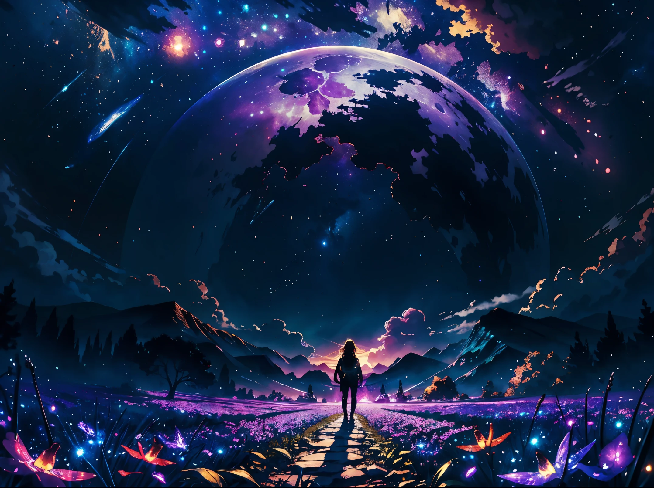expansive landscape photograph , (a view from below that shows sky above and open field below), a girl standing on flower field looking up, (full moon:1.2), ( shooting stars:0.9), (nebula:1.3), distant mountain, tree BREAK
production art, (warm light source:1.2), (Firefly:1.2), lamp, lot of purple and orange, intricate details, volumetric lighting BREAK
(masterpiece:1.2), (best quality), 4k, ultra-detailed, (dynamic composition:1.4), highly detailed, colorful details,( iridescent colors:1.2), (glowing lighting, atmospheric lighting), dreamy, magical, (solo:1.2)