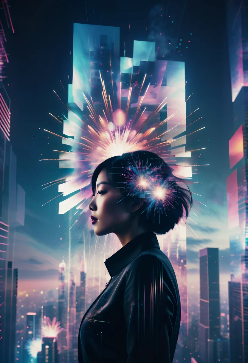 Dubrec style,Cybernetics appear in the sky.The prospect of fireworks on new year’s Eve 2024,Gorgeous fireworks,(multiple exposure1.8),(Digital signage,2024:1.5),technology city,artificial intelligence neuron,network matrix,new year'Eve Visual Poster,Intricate poster in surreal art style,超现实梦想new year海报,超现实科幻new year梦想海报,wide wide shot,Expansive night sky,new year,A grand fireworks display,woman portrait,double exposure effect,dramatic lights,vivd Coloong exposure technology,creative composition,artsy photography,hight contrast,abstract elements,emotionally captivating,Expressive eyes,soft focus,vague background,Beautiful lip details,multiple exposure,Different Perspectives、The cities of the future,Silhouette of a high-rise building。The texture is clear、Overlay the image、A harmonious blend of themes、art story、Surreal atmosphere、Experimental Technology、imaginative exploration、Artistic expression、Artistic interpretation、Creative experimentation、personal narrative、Layered composition、Ethereal aesthetics、Shocking visual impact、visual depth、magical reality、poetic atmosphere,detailed、meticuloso,visual poetry