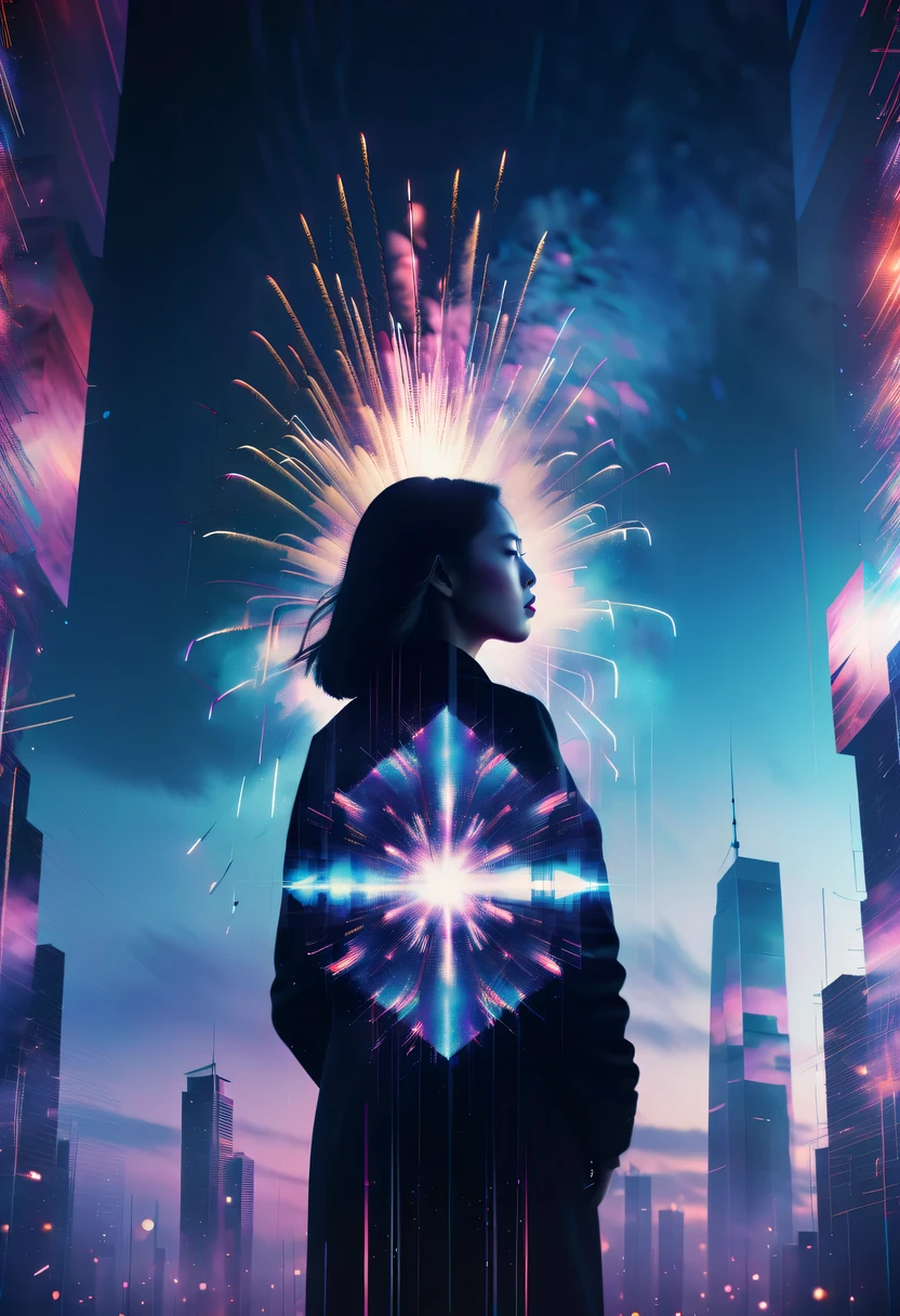 Dubrec style,Cybernetics appear in the sky.The prospect of fireworks on new year’s Eve 2024,Gorgeous fireworks,(multiple exposure1.8),(Digital signage,2024:1.5),technology city,artificial intelligence neuron,network matrix,new year'Eve Visual Poster,Intricate poster in surreal art style,超现实梦想new year海报,超现实科幻new year梦想海报,wide wide shot,Expansive night sky,new year,A grand fireworks display,woman portrait,double exposure effect,dramatic lights,vivd Coloong exposure technology,creative composition,artsy photography,hight contrast,abstract elements,emotionally captivating,Expressive eyes,soft focus,vague background,Beautiful lip details,multiple exposure,Different Perspectives、The cities of the future,Silhouette of a high-rise building。The texture is clear、Overlay the image、A harmonious blend of themes、art story、Surreal atmosphere、Experimental Technology、imaginative exploration、Artistic expression、Artistic interpretation、Creative experimentation、personal narrative、Layered composition、Ethereal aesthetics、Shocking visual impact、visual depth、magical reality、poetic atmosphere,detailed、meticuloso,visual poetry