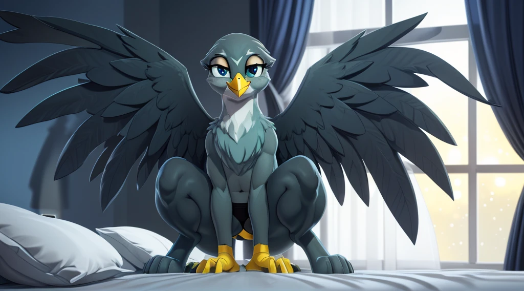 (Masterpiece, highly detailed, anime style render, slightly blurred background, cinematic light particles, front view:1.1, low angle perspective view:1.1), ((Gabby)), (furry:1.2), (((short stack))), female gryphon, blue-grey body, beak, ((tail)), (((yellow arms, yellow hands))), ((blue-grey hind legs)), ((big wings)), solo, on knees, on a bed with light grey sheets, hand rubbing crotch, tail going between legs rubbing crotch, (((wearing black transparent stockings, black detailed panties))), visible panties, (((smiling seductively at viewer centered, with half-closed eyes:1.2, very visibly aroused, and a smug expression))), (((thick thighs))), (thigh gap), spreading wings, (big wide detailed cobalt blue green cartoon eyes:1.2), ((blue-grey eyelids)), (digitigrade:1.2), ((in a detailed elegant hotel room with white walls, white curtains, a window, at midnight, dark night)