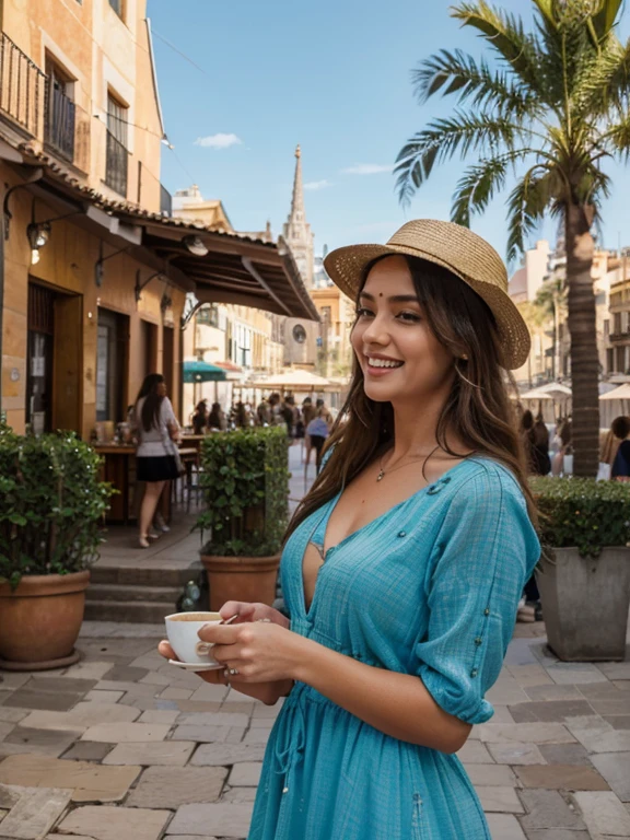 (best quality,highres,ultra-detailed:1.2), HDR, vivid colors, beautiful girl, Barcelona square, lively atmosphere, charming architecture, colorful flowers, happy people, stunning view, cozy cafe, outdoor dining, sunny weather, elegant dress, stylish hat, joyful expression, long flowing hair, vibrant street performers, bustling crowd, street musicians, mouthwatering food stands, historical landmarks, mosaic pavement, decorative fountains, palm trees, blue sky, warm sunshine, laughter and laughter, carefree moments