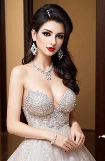 Lebanese lady, diamond dangling earrings, necklace, bracelets, small breasts, 40 years old, smokey eyes, cleavages, red lips, innocent face, wedding fashion ball gown, stylish hairstyle, posing, modeling,