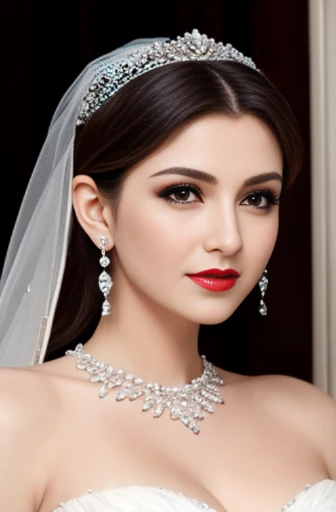 Lebanese lady, diamond dangling earrings, necklace, bracelets, small breasts, 40 years old, smokey eyes, cleavages, red lips, innocent face, wedding fashion ball gown, stylish hairstyle, posing, modeling,