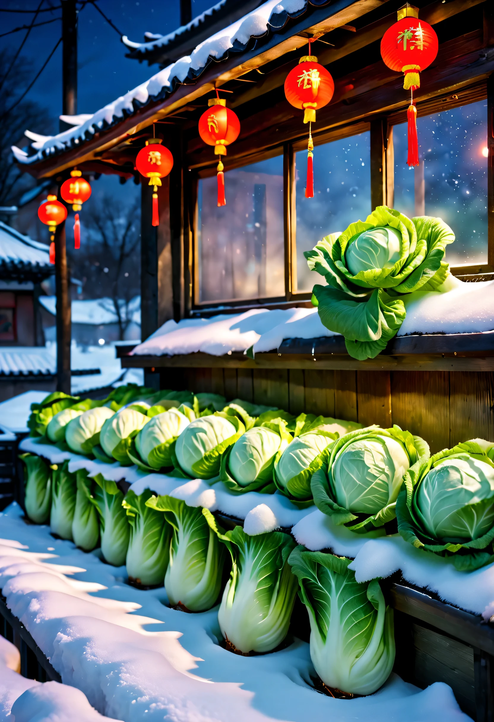 Snow-covered northeastern countryside festival night,(The windowsill is piled with Chinese cabbage tied with red strings)