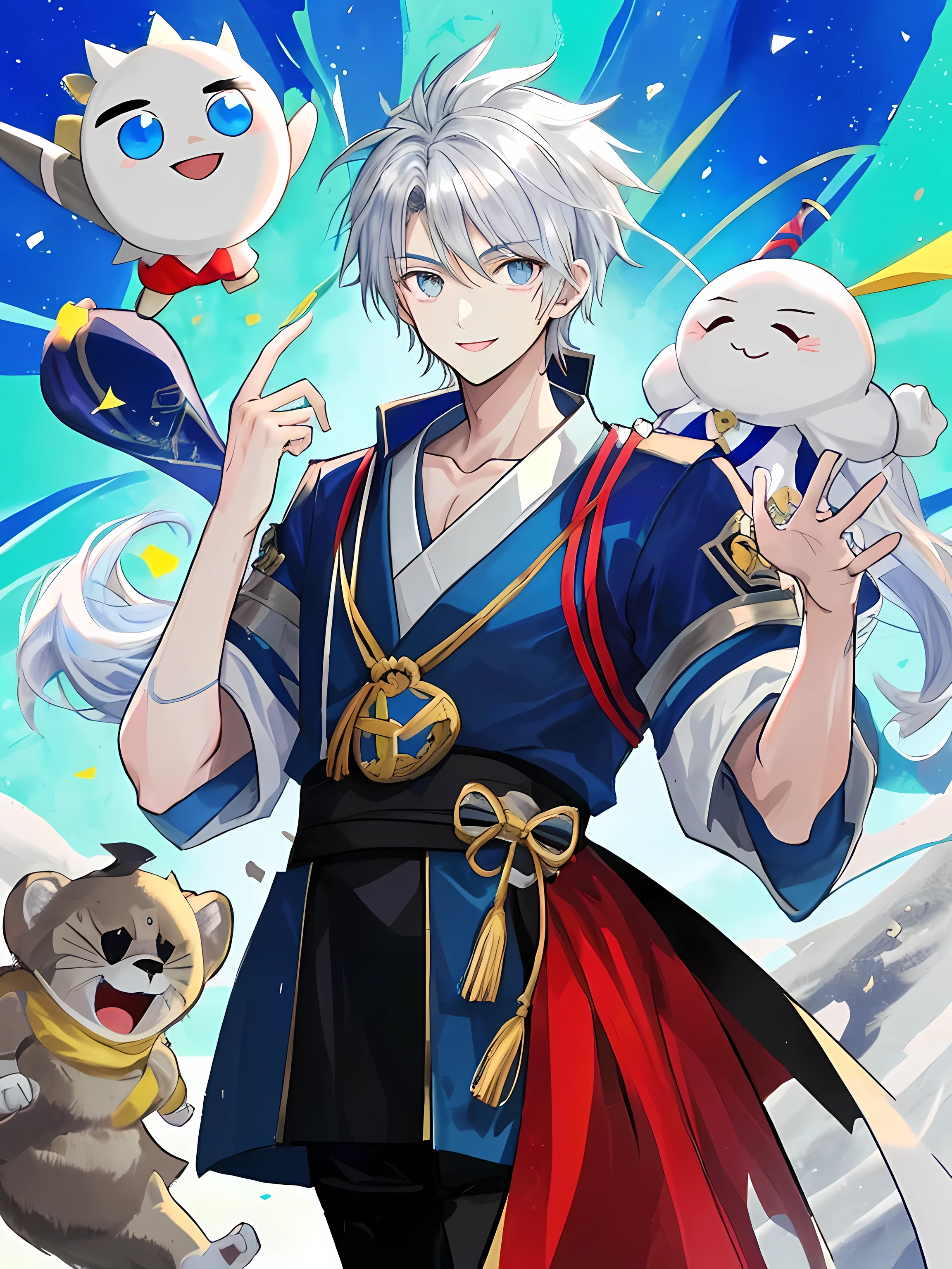 Jeunes hommes japonais anime aux cheveux blanc, yeux bleus, sweat à capuche blanc. Pas de tatouages, Pas barbu. 16 ans. homme. jeu homme. mignon. Souriant. contenu. Un grand sourire. style : mignon, Kawai. jeune. enfant. grosse tête. parti. Merci. Remerciement.