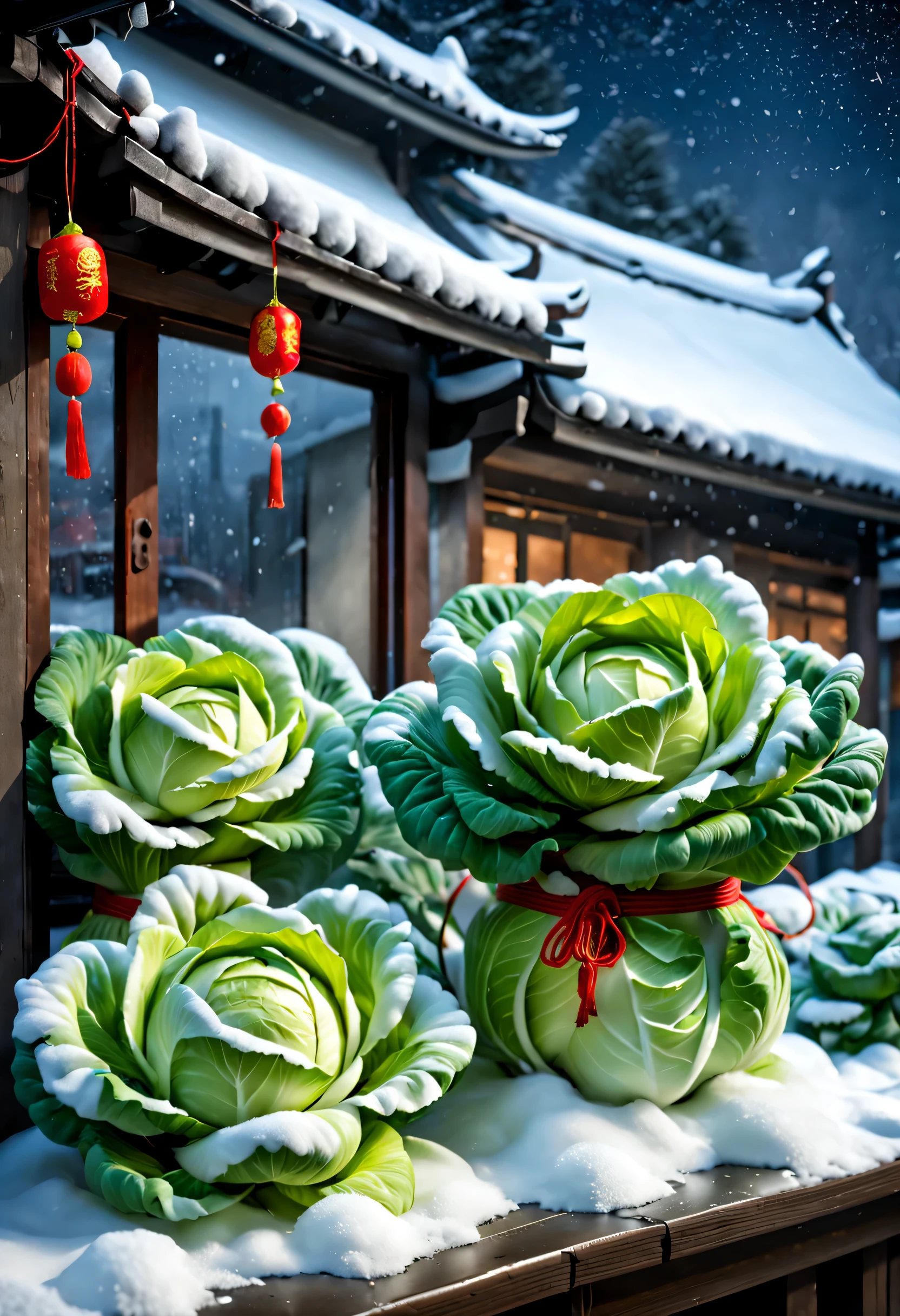 Snow-covered northeastern countryside festival night,(The windowsill is piled with Chinese cabbage tied with red strings)