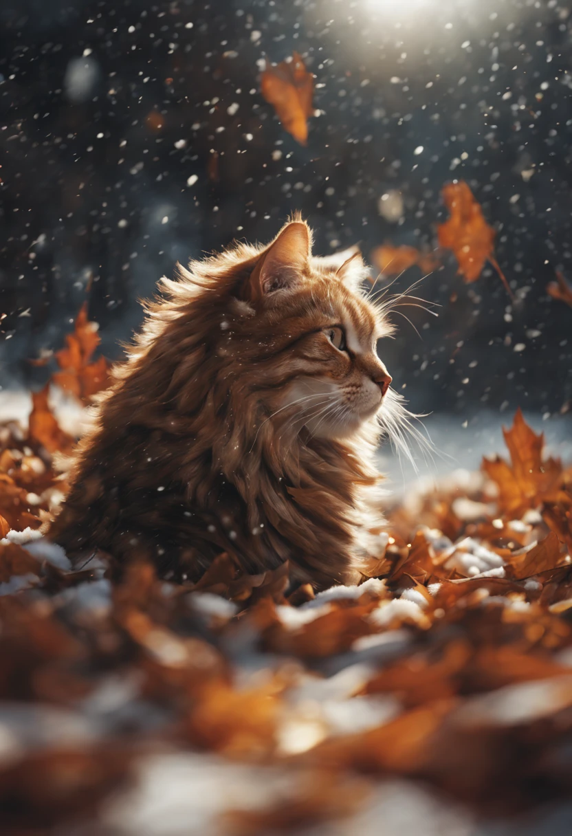 Cat, First snow, flake, partial snowfall, cinematic Film Still, Breathtaking, Falling leaves, melancholic mood, paper-like texture, A farewell greeting whispered by nature、In the rustling gust of wind, photorealisim, Film grain, Film Still, Bokeh, intriCately detailed, , Perfect composition, beautiful detailed intriCate insanely detailed octane render trending on artstation, 8k artistic photography, photorrealistic concept art, soft natural volumetric cinematic perfect light, Chiaroscuro, award - winning photo, masutepiece, oil on canevas, Raphael, Caravaggio, Greg Rutkowski, beeple, beksinsky, giger、January、the morning sun