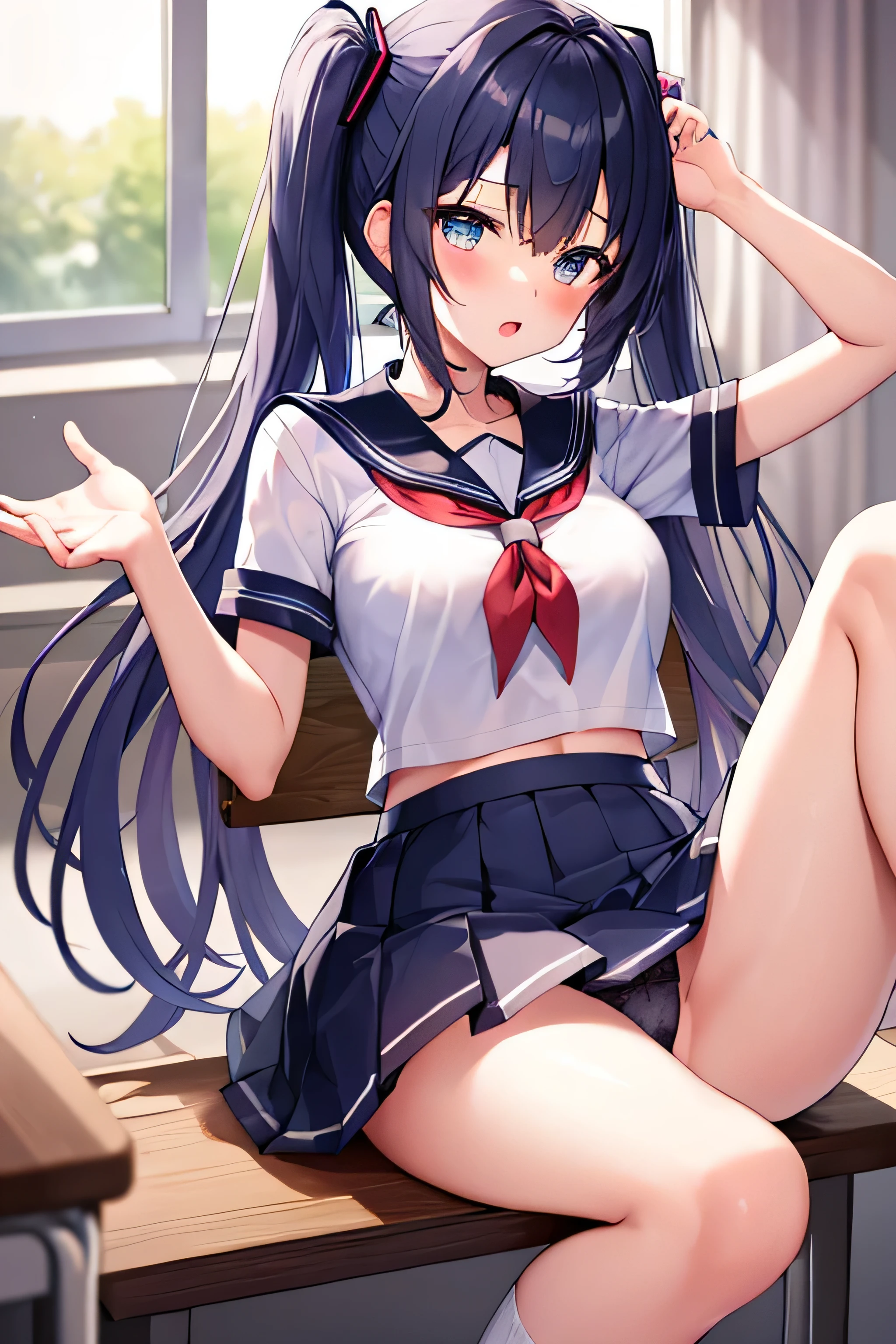 masterpiece、Top image quality、超A high resolution、NSFW、miku hatsune、blue hairs、Twin-tailed、Blushing、mock、Open your mouth just a little、Short sleeve sailor suit、Mini skirt、spread your legs wide、sox、Panties with ruffles、Inside the classroom