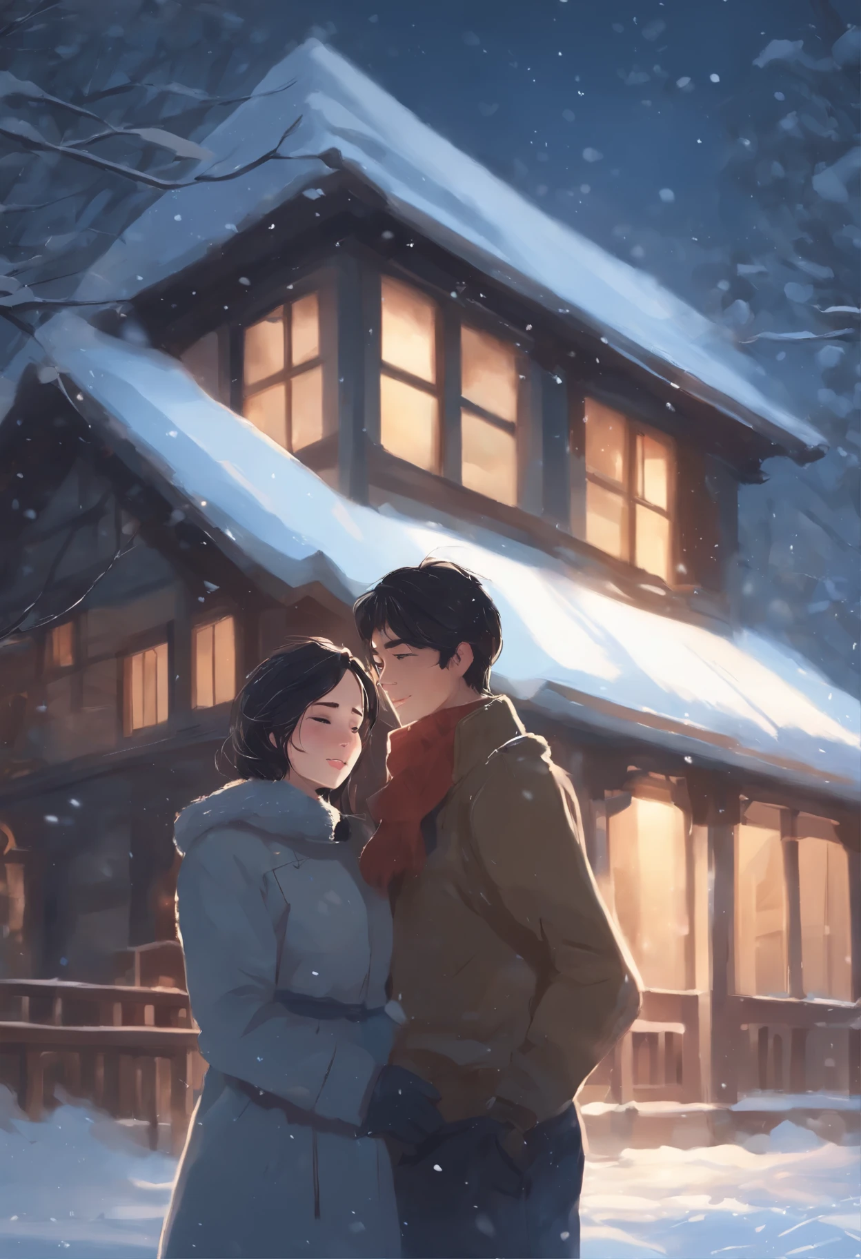 anime couple hugging in front of a house with snowdrifts and falling snow, guweiz and makoto shinkai, artwork in the style of guweiz, Makoto Shinkai and tom bagshaw, guweiz, Ross Tran and Makoto Shinkai, beautiful illustration, Makoto Shinkai and (Cain Plague)