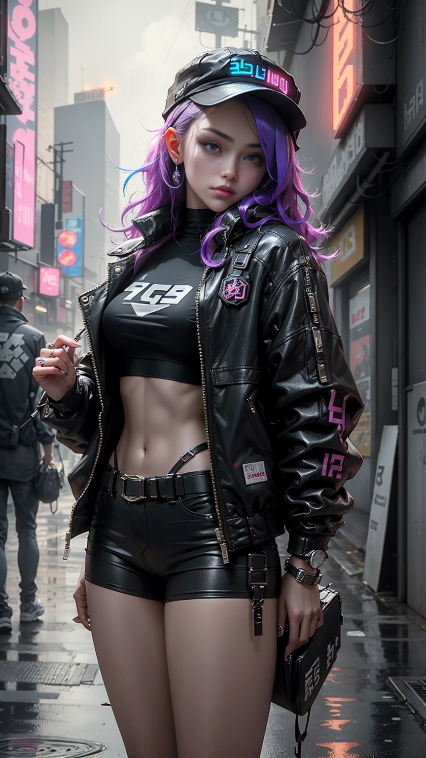 Beautiful woman medium hair, wearing cap, cyberpunk style short clothes