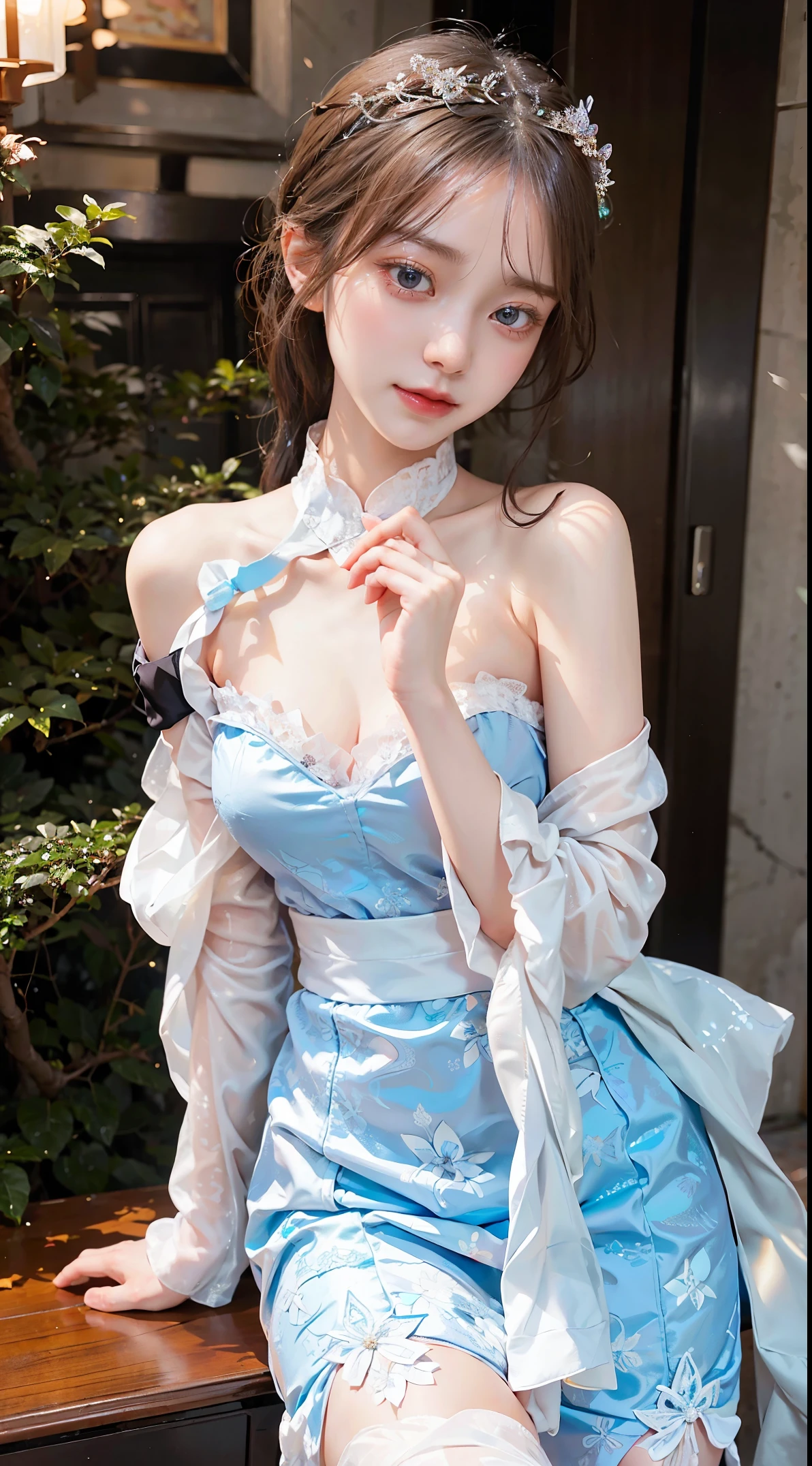 korean,realistic, masterpiece, final detail, photo realistic, intricate detail, octane rendering, 8K, 1Girl, full bodyperfect face, beautiful face, NSWF, Spread legs, view from behind, trough reference, detail hair,, black bow, black gloves, black legs, blue eyes, blue hair, bow, collarbone, dress, drill hair, ruffles, ruffles, gloves, gwen, headdress, highres, long hair, parted lips, puffy sleeves, purple eyes, smile, solo, white dress, oil skin,