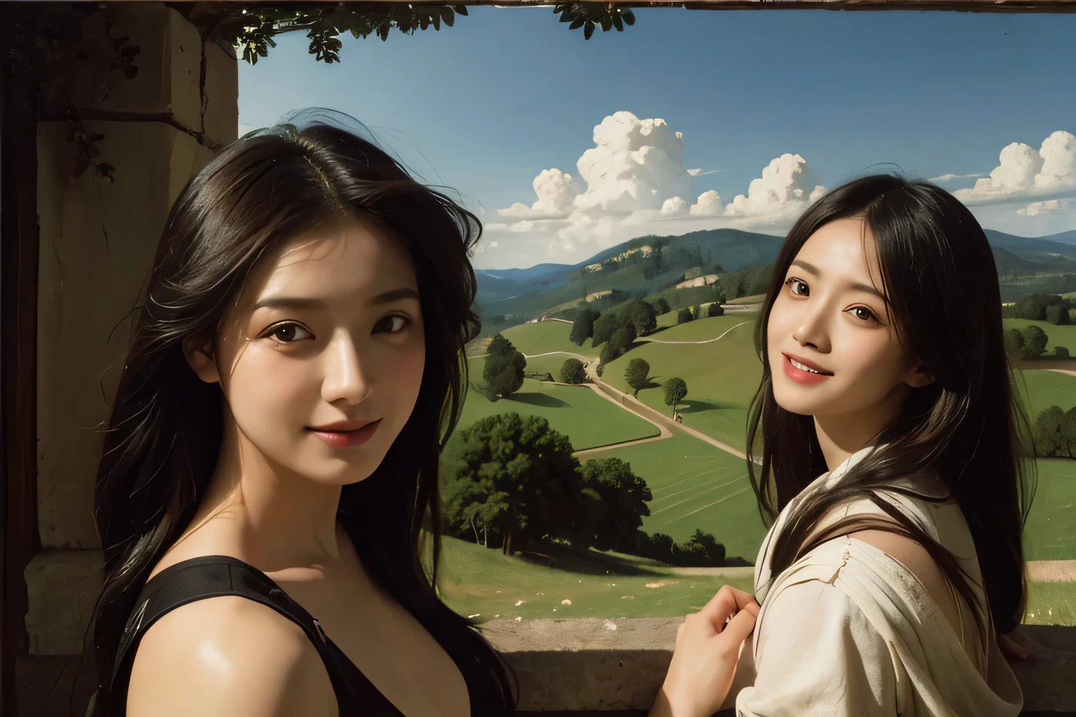 concert,Ancient Roman landscape in the style of Poussin,A smile,,Sweet and seductive appearance.、Caravaggio's paintings、Chiaroscuro of Caravaggio、Hair disheveled in the wind,Two women frolicking,Cute smile, Expression of ecstasy,A sexy,erotick