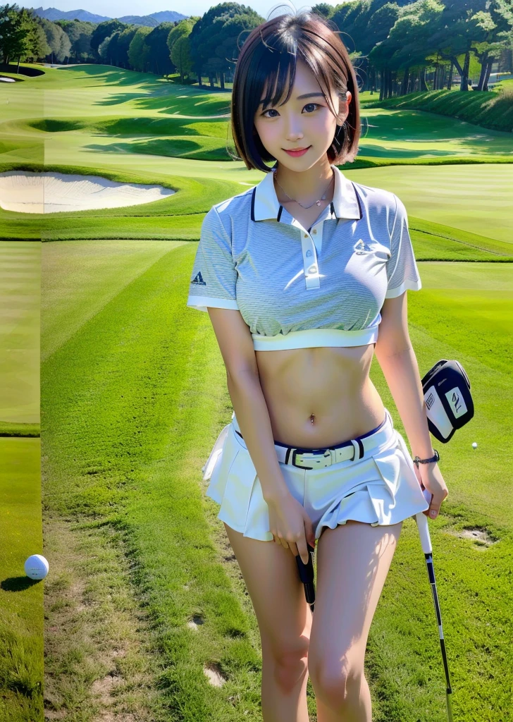 top quality, masterpiece, cinematic lighting, girl, black hair, dark eyes, small breasts, small buttocks, golf course, squatting on green, polo shirt, sun visor, shorts, smile
