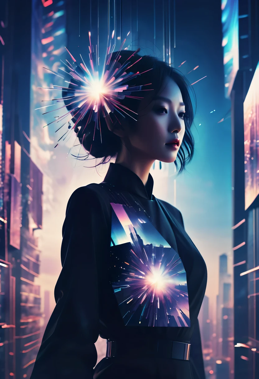 Dubrec style,Cybernetics appear in the sky.The prospect of fireworks on new year’s Eve 2024,Gorgeous fireworks,(multiple exposure1.8),(Digital signage,2024:1.5),technology city,artificial intelligence neuron,network matrix,new year'Eve Visual Poster,Intricate poster in surreal art style,超现实梦想new year海报,超现实科幻new year梦想海报,wide wide shot,Expansive night sky,new year,A grand fireworks display,woman portrait,double exposure effect,dramatic lights,vivd Coloong exposure technology,creative composition,artsy photography,hight contrast,abstract elements,emotionally captivating,Expressive eyes,soft focus,vague background,Beautiful lip details,multiple exposure,Different Perspectives、The cities of the future,Silhouette of a high-rise building。The texture is clear、Overlay the image、A harmonious blend of themes、art story、Surreal atmosphere、Experimental Technology、imaginative exploration、Artistic expression、Artistic interpretation、Creative experimentation、personal narrative、Layered composition、Ethereal aesthetics、Shocking visual impact、visual depth、magical reality、poetic atmosphere,detailed、meticuloso,visual poetry