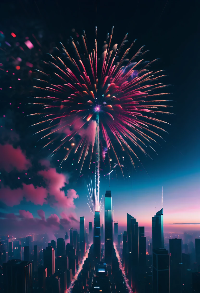 Dubrec style,Cybernetics appear in the sky.The prospect of fireworks on new year’s Eve 2024,Gorgeous fireworks,(multiple exposure1.8),(Digital signage,2024:1.5),technology city,artificial intelligence neuron,network matrix,new year'Eve Visual Poster,Intricate poster in surreal art style,超现实梦想new year海报,超现实科幻new year梦想海报,wide wide shot,Expansive night sky,new year,A grand fireworks display,woman portrait,double exposure effect,dramatic lights,vivd Coloong exposure technology,creative composition,artsy photography,hight contrast,abstract elements,emotionally captivating,Expressive eyes,soft focus,vague background,Beautiful lip details,multiple exposure,Different Perspectives、The cities of the future,Silhouette of a high-rise building。The texture is clear、Overlay the image、A harmonious blend of themes、art story、Surreal atmosphere、Experimental Technology、imaginative exploration、Artistic expression、Artistic interpretation、Creative experimentation、personal narrative、Layered composition、Ethereal aesthetics、Shocking visual impact、visual depth、magical reality、poetic atmosphere,detailed、meticuloso,visual poetry