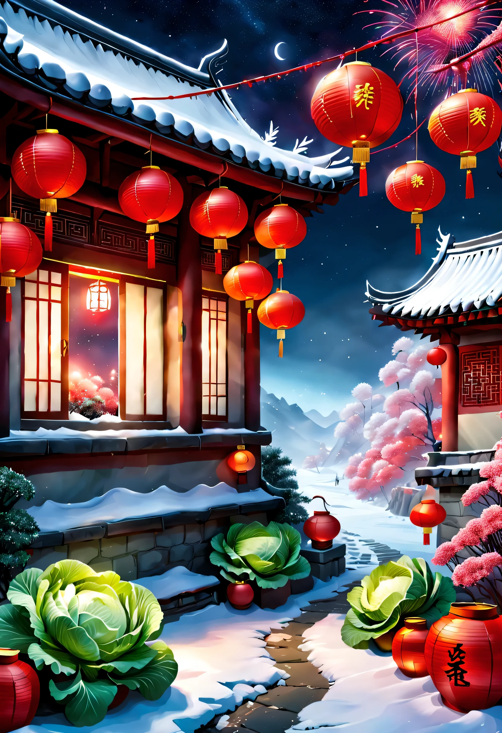 Snow-covered northeastern countryside festival night,(The windowsill is piled with Chinese cabbage tied with red stringireworks blooming night sky,Big red lanterns hang under the eaves,