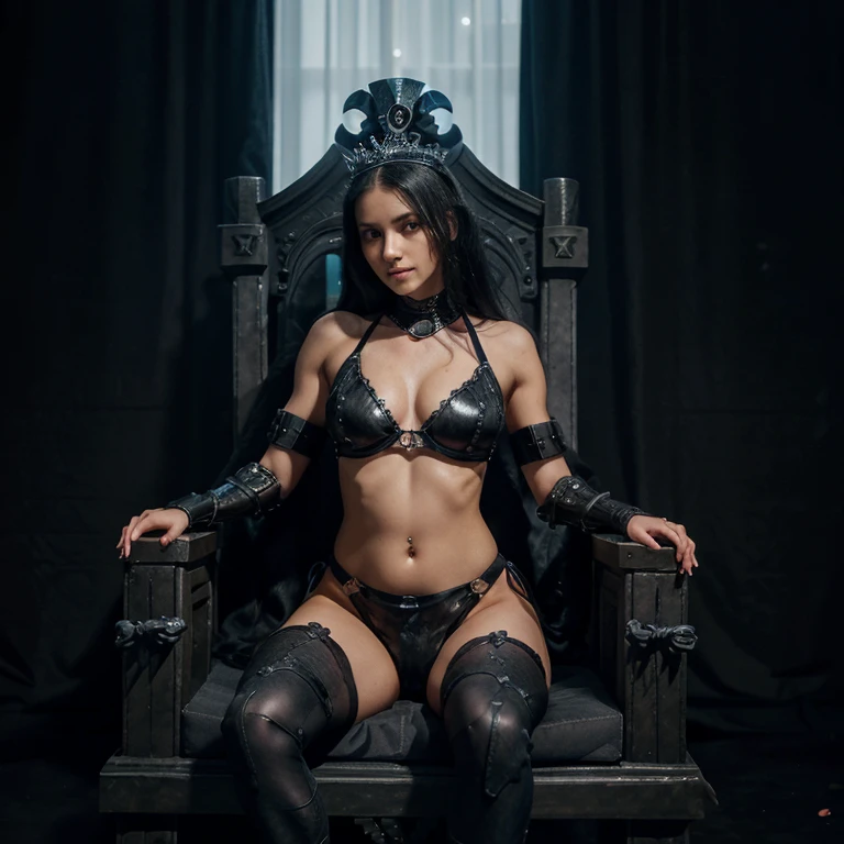 22 year old girl,fit body,black snakes on body,armlet,armor,navel,pelvic_curtain,realistic,solo,one piece high bikini,black bra,transparent tulle, battle armor,high tech palace,black snakes,sexual suggestiveness,heavy armor,background with black devil,sitting in throne of skull