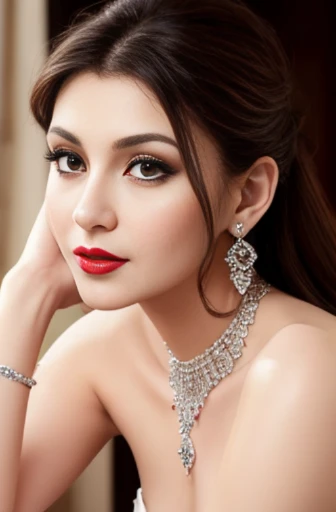 Lebanese lady, diamond dangling earrings, necklace, bracelets, small breasts, 40 years old, smokey eyes, cleavages, red lips, innocent face, wedding fashion ball gown, stylish hairstyle, posing, modeling,