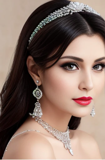 Lebanese lady, diamond dangling earrings, necklace, bracelets, small breasts, 40 years old, smokey eyes, cleavages, red lips, innocent face, wedding fashion ball gown, stylish hairstyle, posing, modeling, portrait