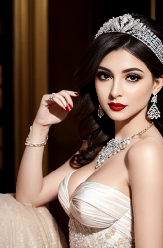 Lebanese lady, diamond dangling earrings, necklace, bracelets, small breasts, 40 years old, smokey eyes, cleavages, red lips, innocent face, wedding fashion ball gown, stylish hairstyle, posing, modeling, portrait