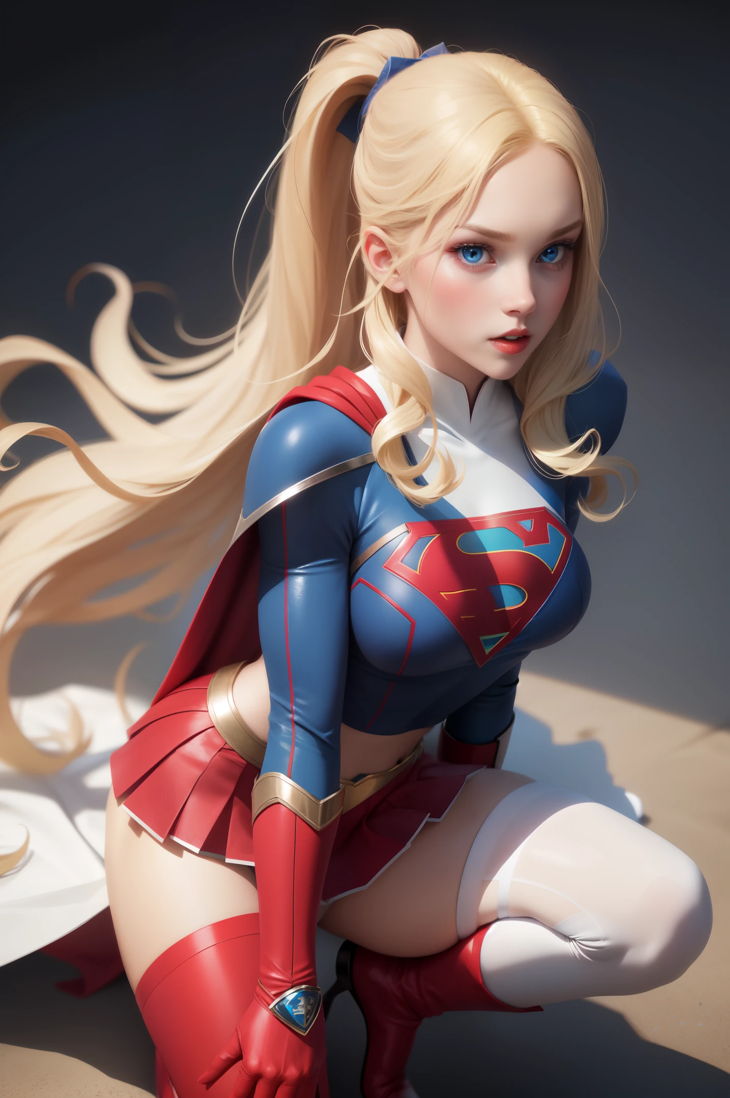 sexy Supergirl long blonde hair and blue eyes, black hairband, white croptop, short sleeves, red cape, blue pencil skirt, red boots, white gloves