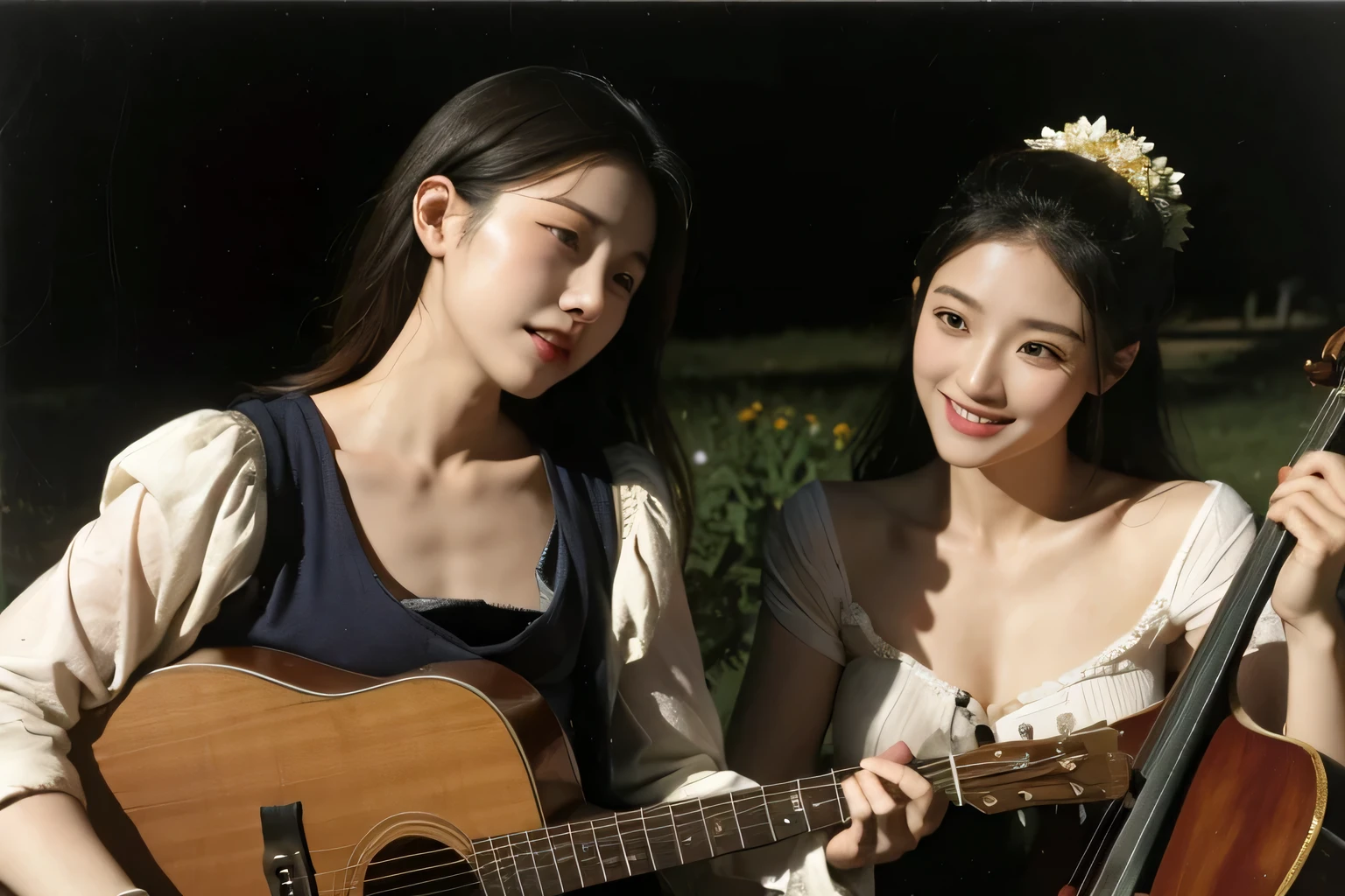 concert,Ancient Roman landscape in the style of Poussin,A smile,,Sweet and seductive appearance.、Caravaggio's paintings、Chiaroscuro of Caravaggio、Hair disheveled in the wind,Two women frolicking,Cute smile, Expression of ecstasy,A sexy,erotick