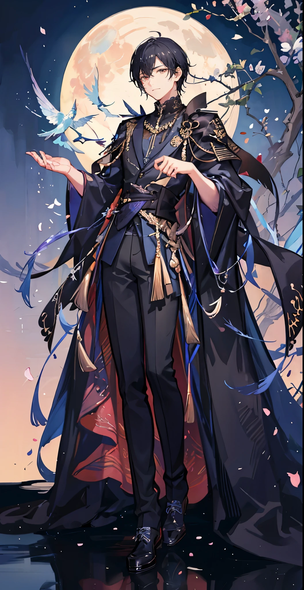 (masutepiece), (Best Quality), Highly detailed, (1 boy:1.4), (full body photographed:1.3),tall,face perfect, Beautiful face, extra detailed face,black hair shorthair,florals,butterflys々,floralsびら,optic,waterface,a moon,Fantasia,Fantastical,mystical
