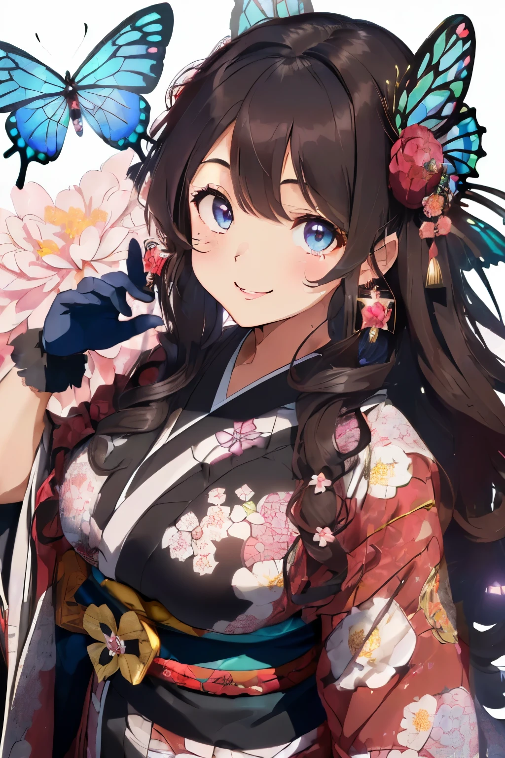 (Dark hair),(Curly hair with a lot of fluff:1.4),(Long curly hair:1.3),(With bangs),(Blue eyes:1.25),Slight red tide,(gloves:1.5),(Kimono with cute design:1.4),(butterfly pattern:1.3),(place々Japanese clothes with lace:1.3),(Brown short boots),(Beautiful breasts spilling out of clothes:1.3),(Happy smile:1.1),(Smiling smile:1.15),(Kadomatsu:1.25),(Accessories shaped like flowers and crystals:1.3),(Her eyes are sparkling:1.2),(Eye size:1.7),(Front perspective:1.2),(Show off your:1.3),(close up of face:1.4),