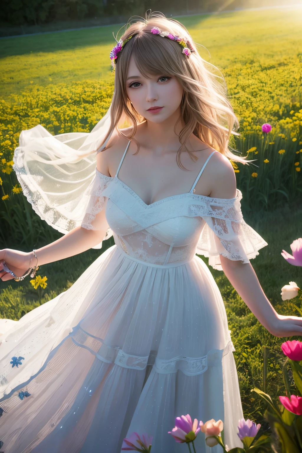 1girl, tayror swift, (long dress), smile, american idol, in the field many flowers, masterpiece, high quality, beautiful, 4k, beautiful detailed, glow, multiple color hair, from above, depth of field, light particles, HDR, Rembrandt lighting, colorful refraction, lens flare, bloom, film Reflection, colorful refraction, chromatic aberration, light diffusion