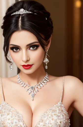 Lebanese lady, diamond dangling earrings, necklace, bracelets, small breasts, 40 years old, smokey eyes, cleavages, red lips, innocent face, wedding fashion ball gown, stylish hairstyle, posing, modeling, portrait