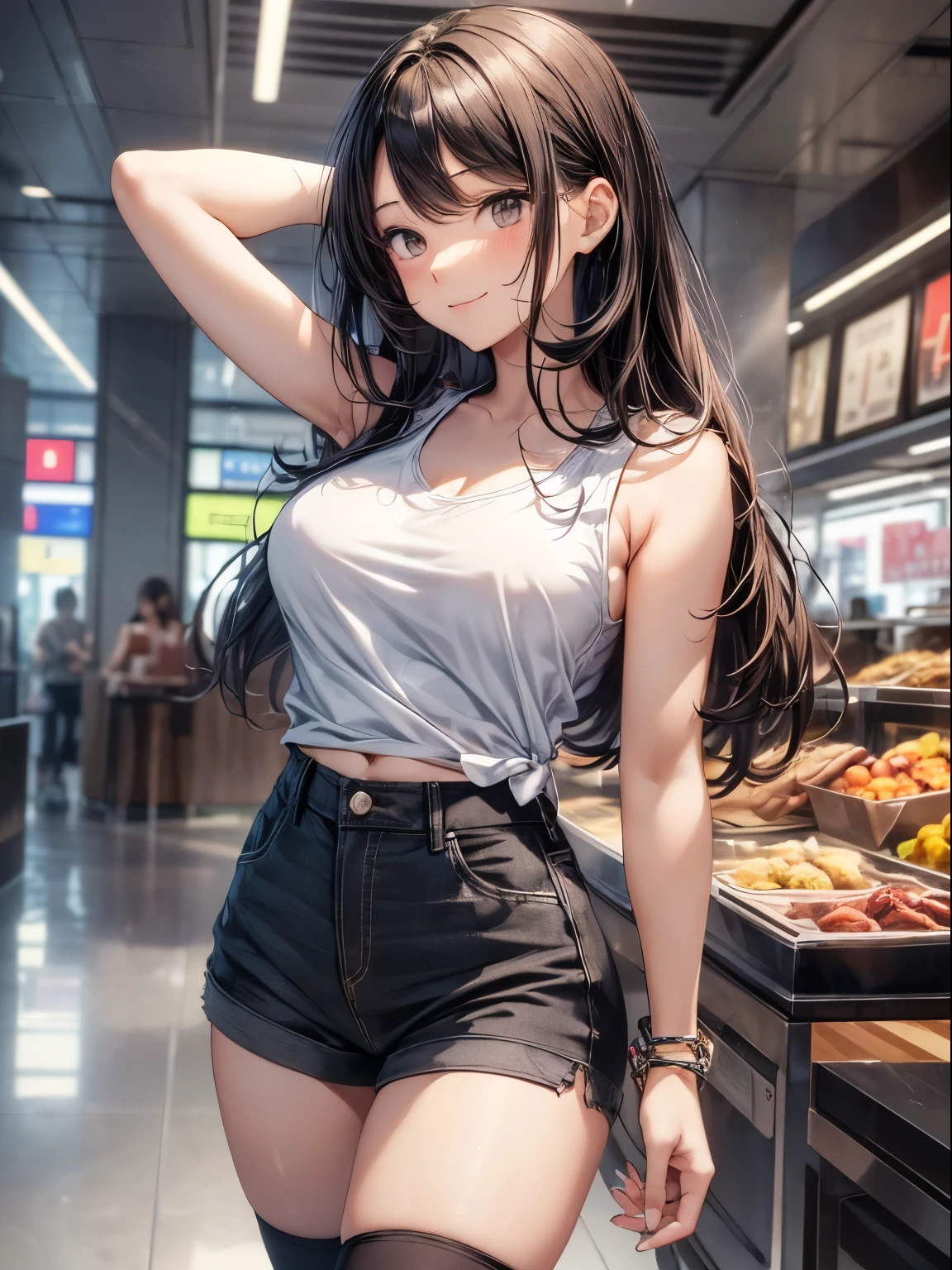 top-quality、Full limbs、complete fingers、one beautiful women、Beautiful busty woman、Women with straight hair、Brown-haired woman、A big smile、((white sleeveless t-shirt:1.3))、((short trousers of black color:1.3))、Black knee socks、shopping mall、Naughty Poses