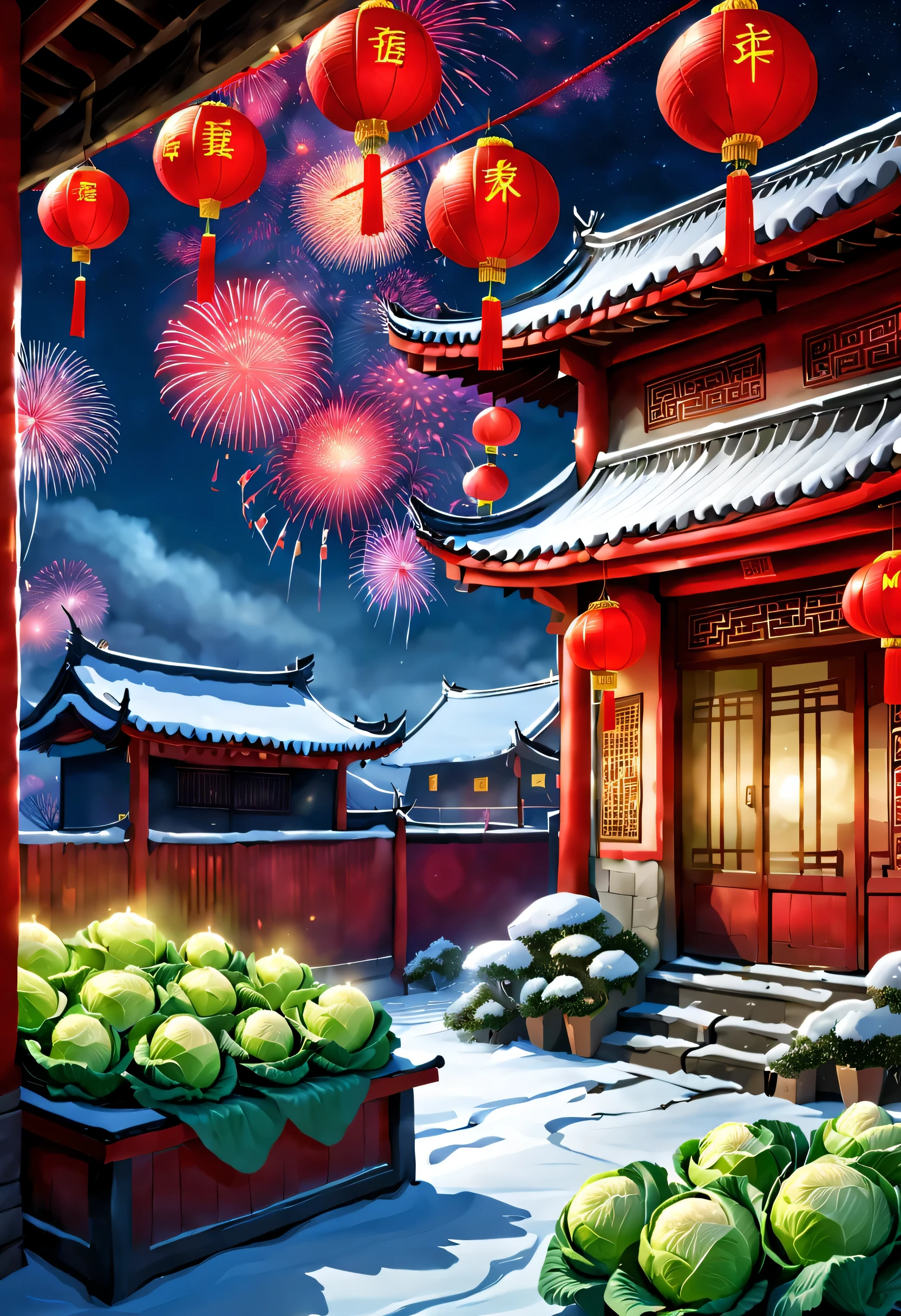 Snow-covered northeastern countryside festival night,(The windowsill is piled with Chinese cabbage tied with red strings:1.1),Fireworks blooming night sky,Big red lanterns hang under the eaves,