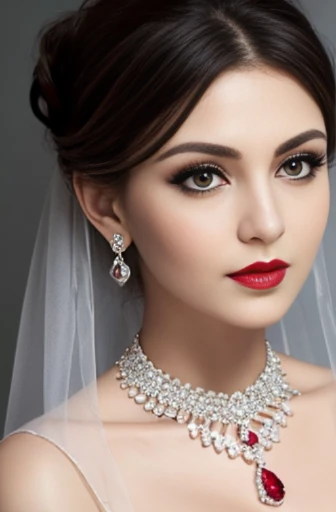 Lebanese lady, diamond dangling earrings, necklace, bracelets, small breasts, 40 years old, smokey eyes, cleavages, red lips, innocent face, wedding fashion ball gown, stylish hairstyle, posing, modeling, portrait