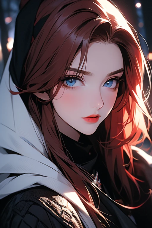 Best quality at best, 超高分辨率, 4K detailed CG, tmasterpiece, Generate an image of a red-haired woman, light blue eyes, Wearing detailed black clothing, Detailed black jacket, A black headscarf covers her face, red lip stick, Face details, Orientation in dark forest at night, magia, Cinematic, indirect, dramatic clues, Aesthetic, Screen-centric, Full body lesbian, close-up face