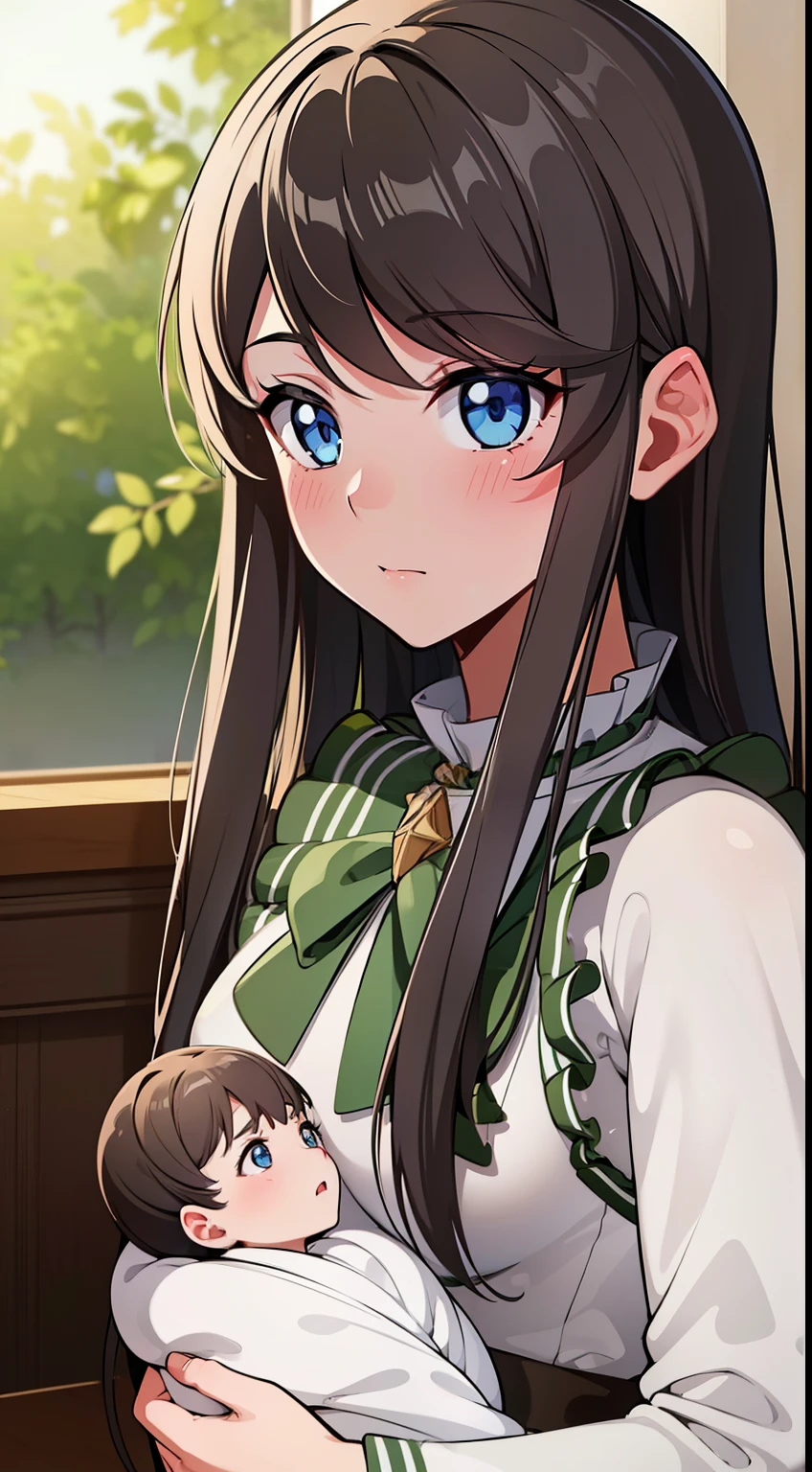 quality, masterpiece, highly detailed, 8k, masterpiece, tilly wimbledon, 1girl, blush, detailed face, detailed eyes, small breast, blue eyes, holding her  offspring