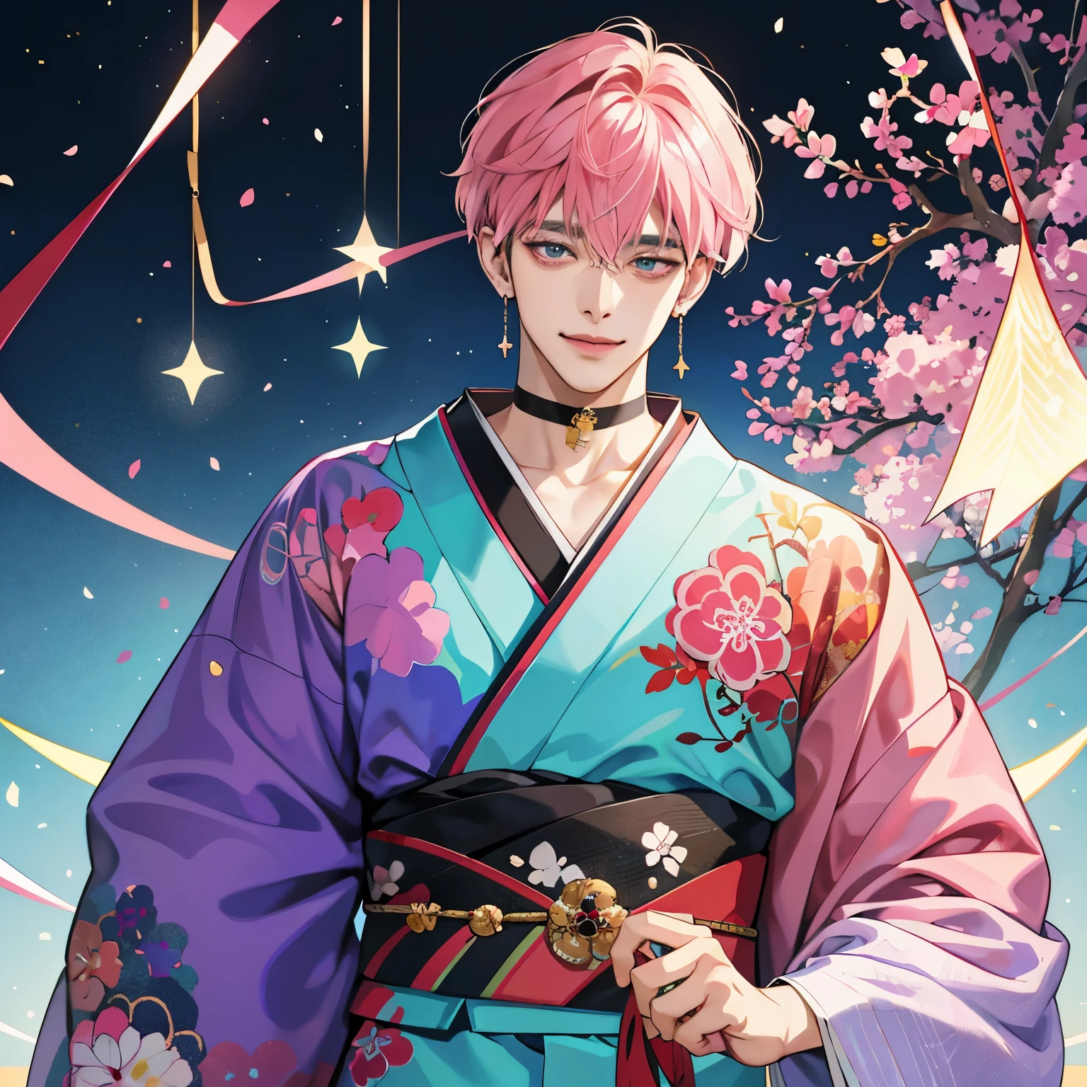 Guviz-style artwork, made with anime painter studio, anime realismスタイル, Realistic anime art style, painted in anime painter studio, Inspired by Kim Taehyung, In an anime style, anime handsome guy, Inspired by Kim Taehyung, anime realism、Pink hair、A smile、a choker、Multiple piercings、Man with short hair、Male one、Inspired by Kim Taehyung、gray eyes new year、Men's kimono