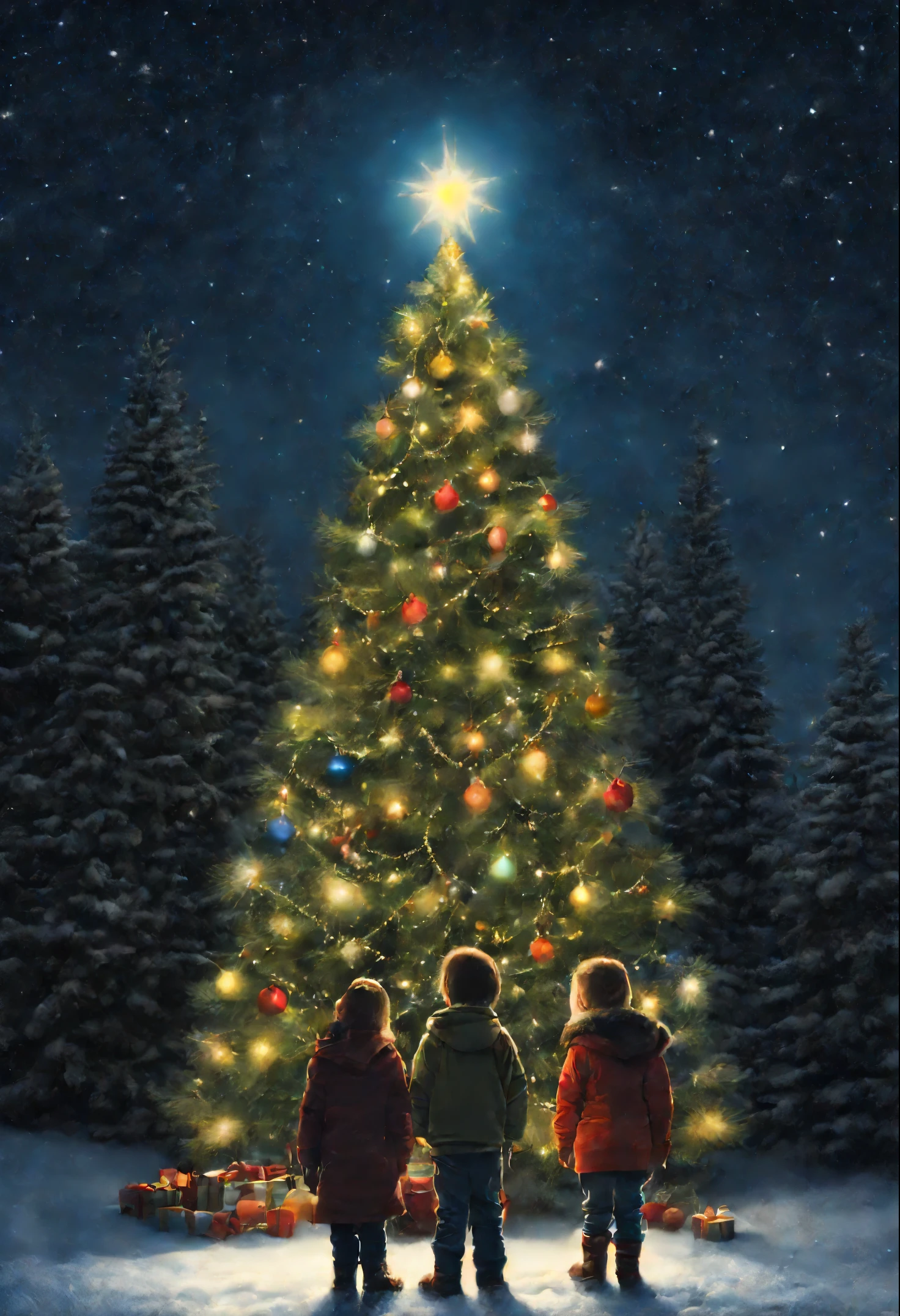 there are three children standing in front of a christmas a tree, under the quiet night sky, holiday season, christmas night, christmas a tree, photo illustartion, The lights are on, a tree's, Robert Childress, A hyper-realistic, true realistic image, Snow glow, a tree, Festive atmosphere, Artists rendition, Artists, Relya Penezic, illustartion!, children's room
