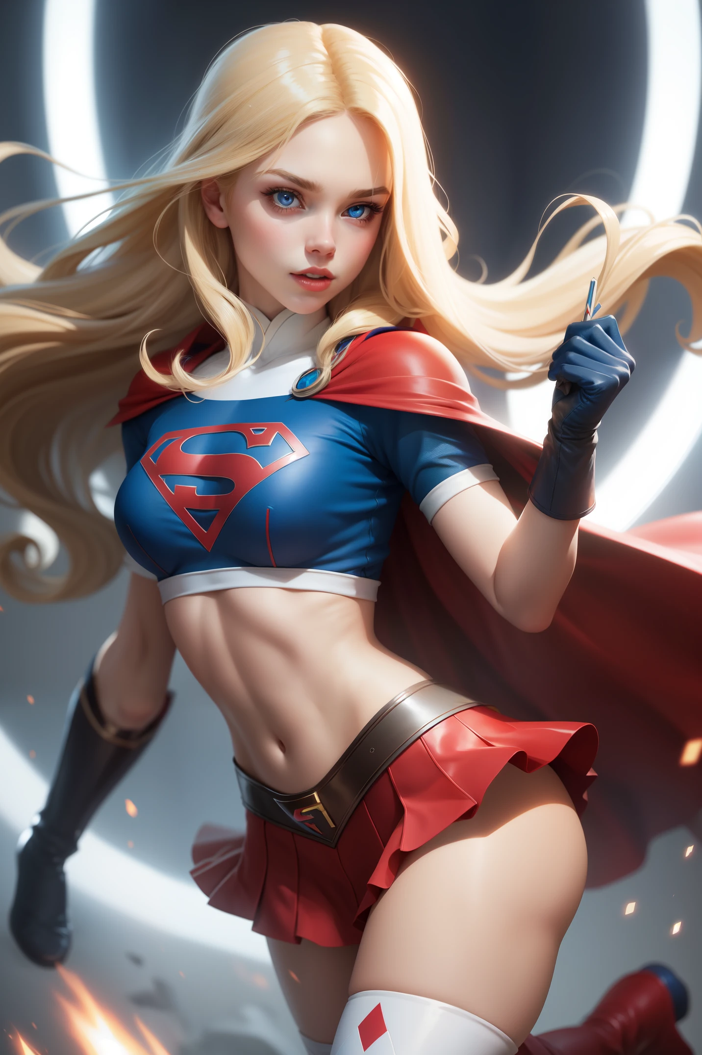sexy Supergirl long blonde hair and blue eyes, black hairband, white croptop, short sleeves, red cape, blue pencil skirt, red boots, white gloves