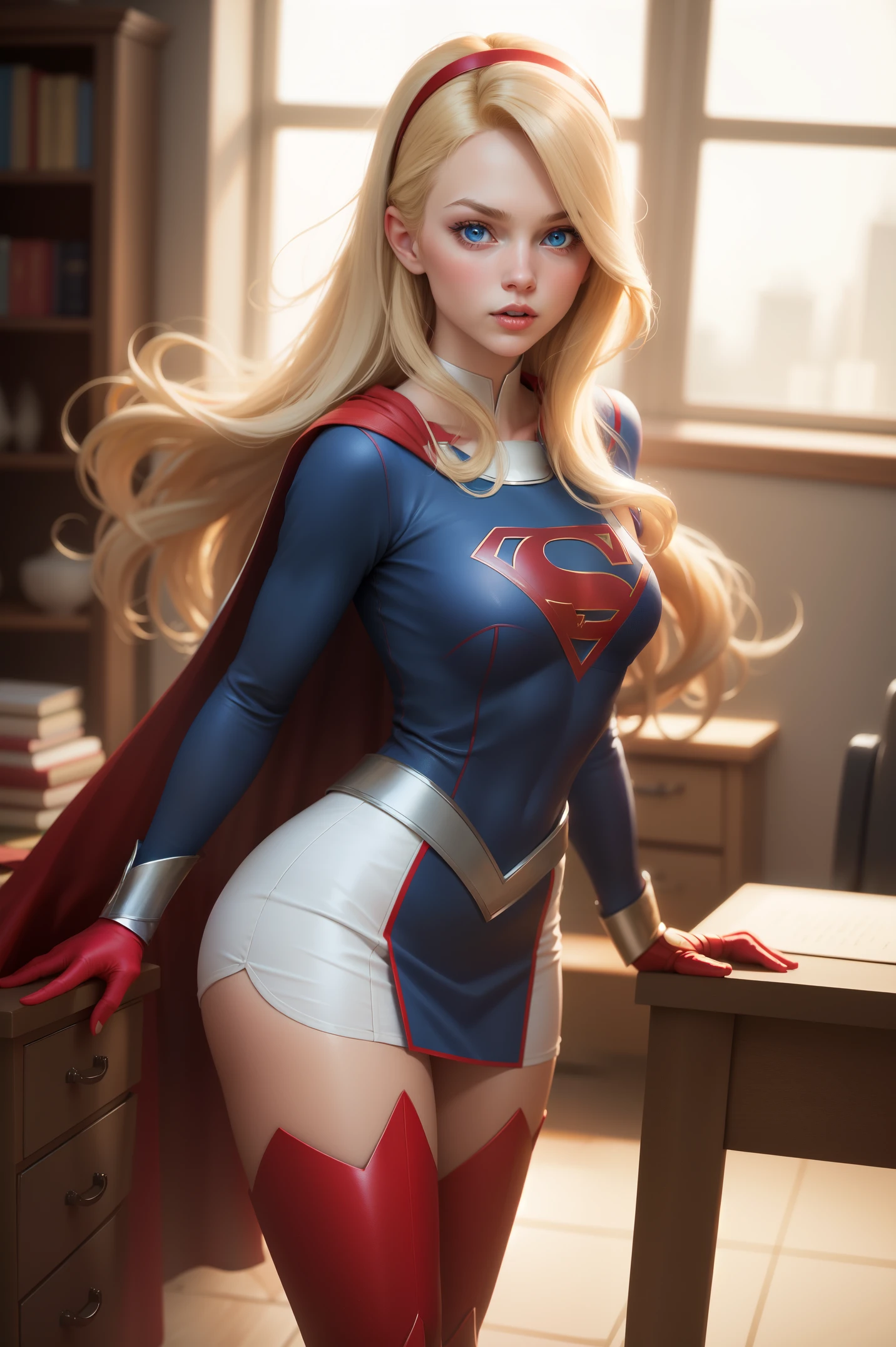 sexy Supergirl long blonde hair and blue eyes, black hairband, white croptop, short sleeves, red cape, blue pencil skirt, red boots, white gloves