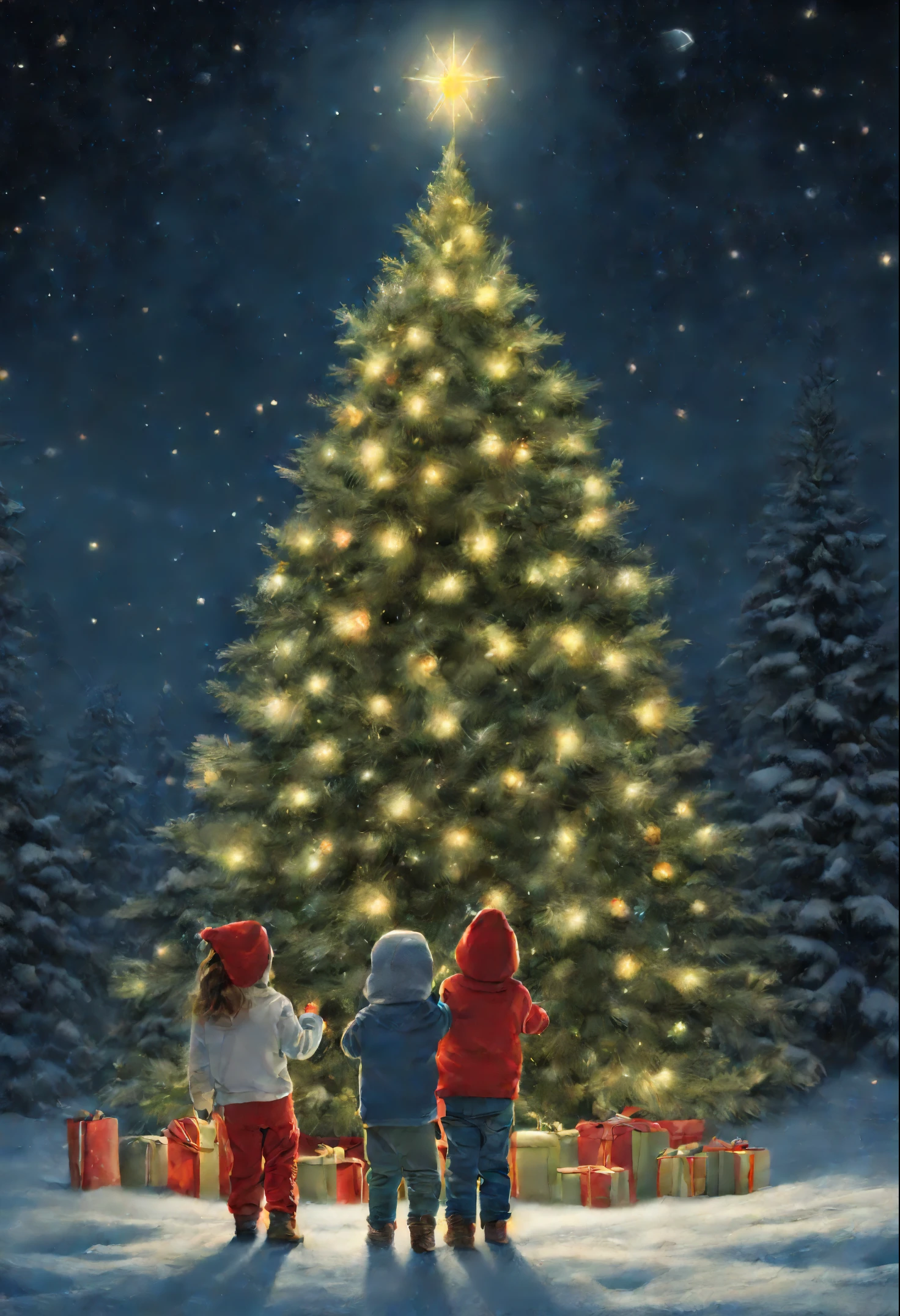 there are three children standing in front of a christmas a tree, under the quiet night sky, holiday season, christmas night, christmas a tree, photo illustartion, The lights are on, a tree's, Robert Childress, A hyper-realistic, true realistic image, Snow glow, a tree, Festive atmosphere, Artists rendition, Artists, Relya Penezic, illustartion!, children's room