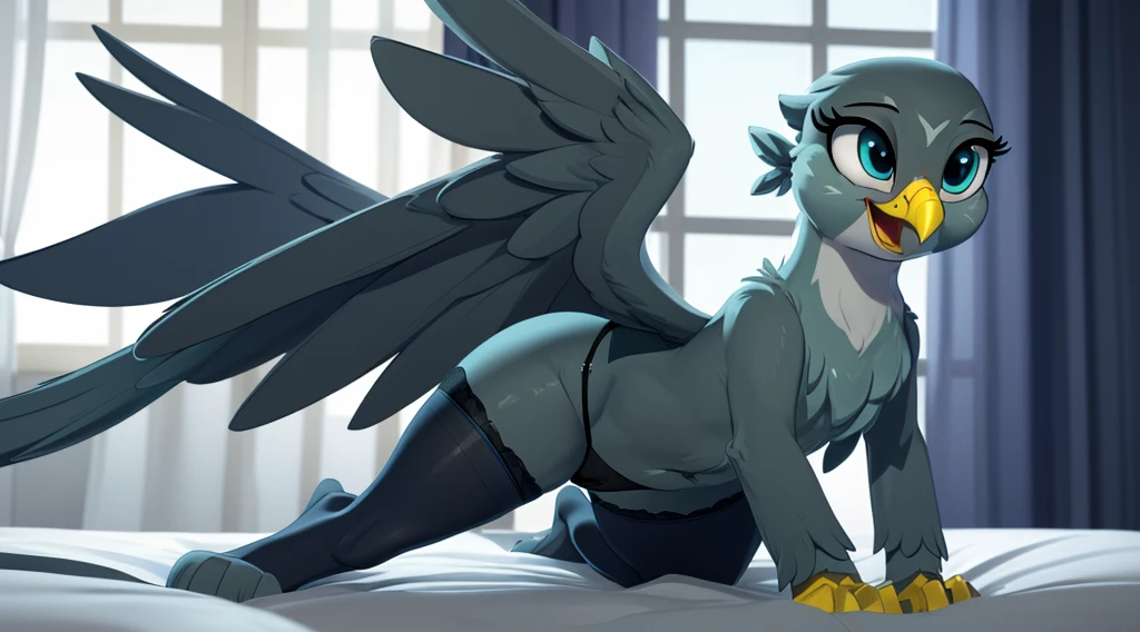 (Masterpiece, highly detailed, anime style render, slightly blurred background, cinematic light particles, front view:1.1, low angle perspective view:1.1), ((Gabby)), (furry:1.2), (((short stack))), female gryphon, blue-grey body, beak, ((tail)), (((yellow arms, yellow hands))), ((blue-grey hind legs)), ((big wings)), solo, on knees, on a bed with light grey sheets, hand rubbing crotch, tail going between legs rubbing crotch, (((wearing black transparent stockings, black detailed panties))), visible panties, (((smiling seductively at viewer centered, with half-closed eyes:1.2, very visibly aroused, and a smug expression))), (((thick thighs))), (thigh gap), spreading wings, (big wide detailed cobalt blue green cartoon eyes:1.2), ((blue-grey eyelids)), (digitigrade:1.2), ((in a detailed elegant hotel room with white walls, white curtains, a window, at midnight, dark night)