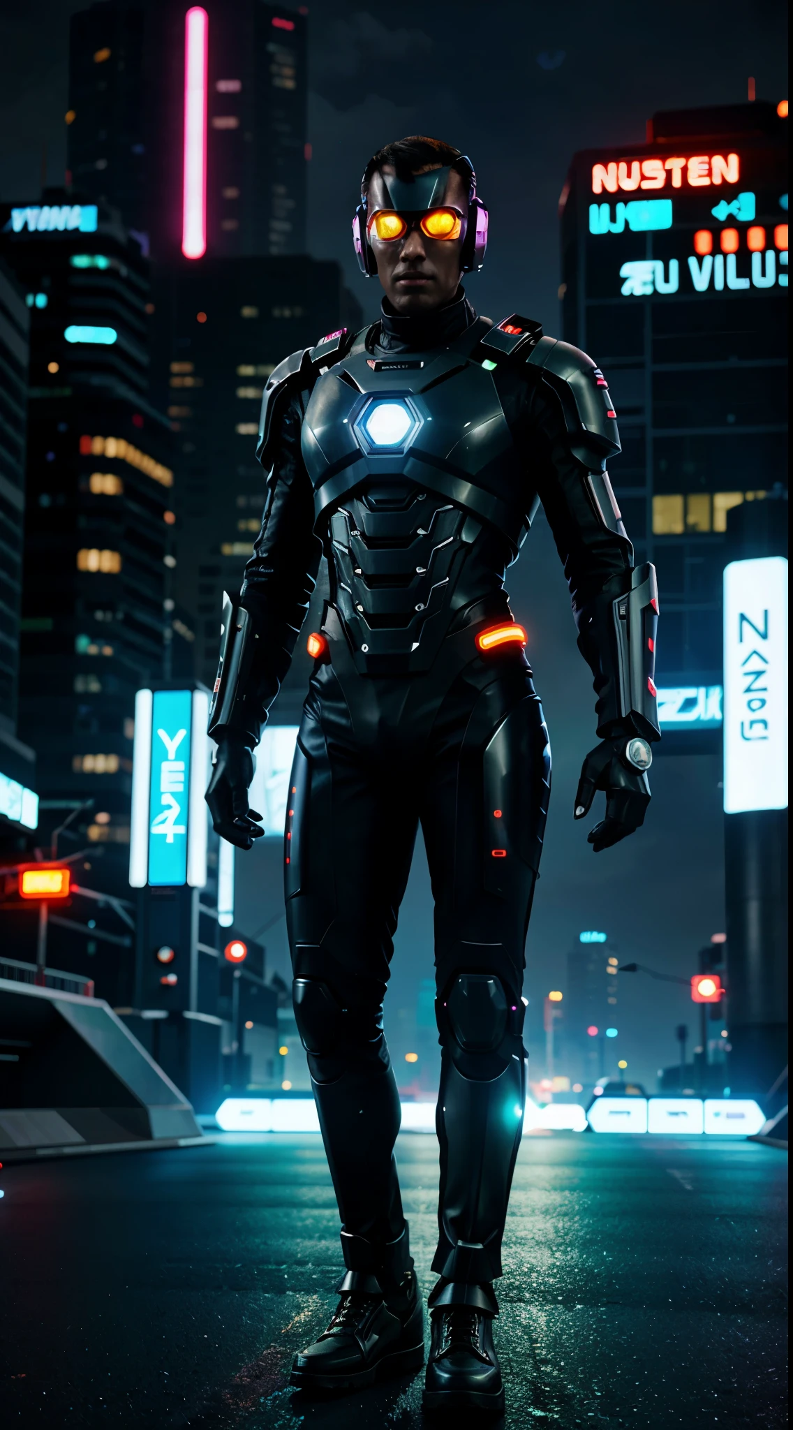 futuristic man with futuristic gear, futuristic neon city background, hyper realistic style