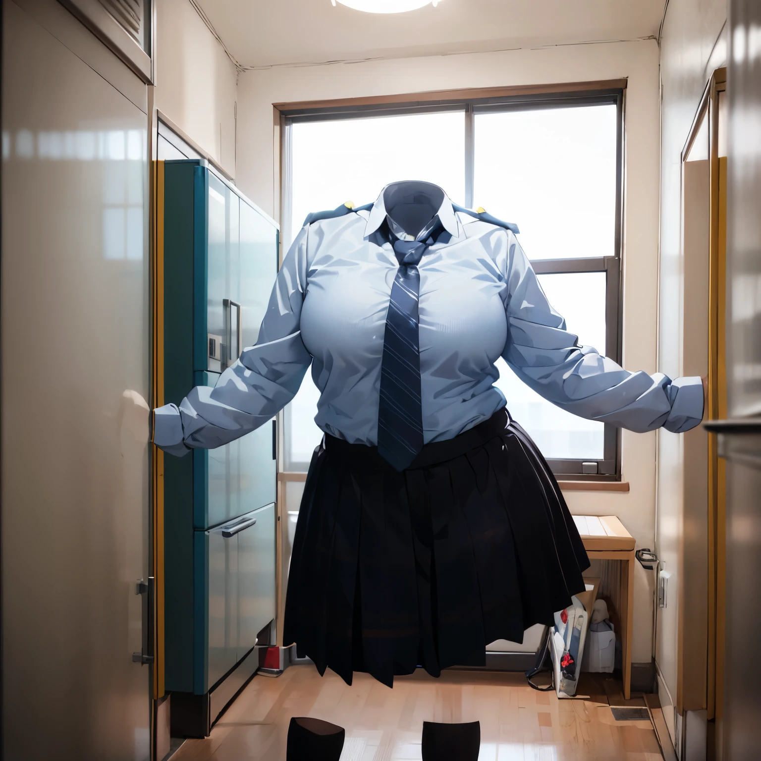 absurdres, highres, ultra detailed
BREAK
, school uniform,  plaid skirt, school stripe tie, pink shirt, (close-up to breasts), cute big breasts, (invisible, no human, headless, handless:1.5),chubby, fat, from above, dynamic view, on bed
